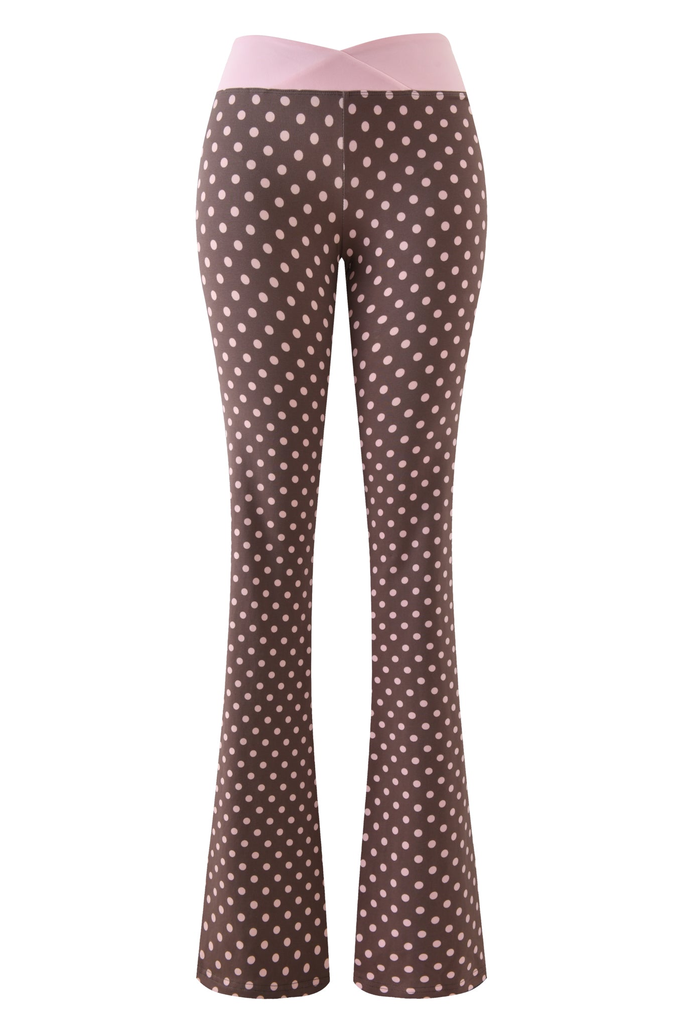 The I.AM.GIA BLARE CROSSOVER PANT - PINK CHOCOLATE features a wide, crisscrossed mid-rise waist and a pink polka dot print on brown fabric, shown against a white background.