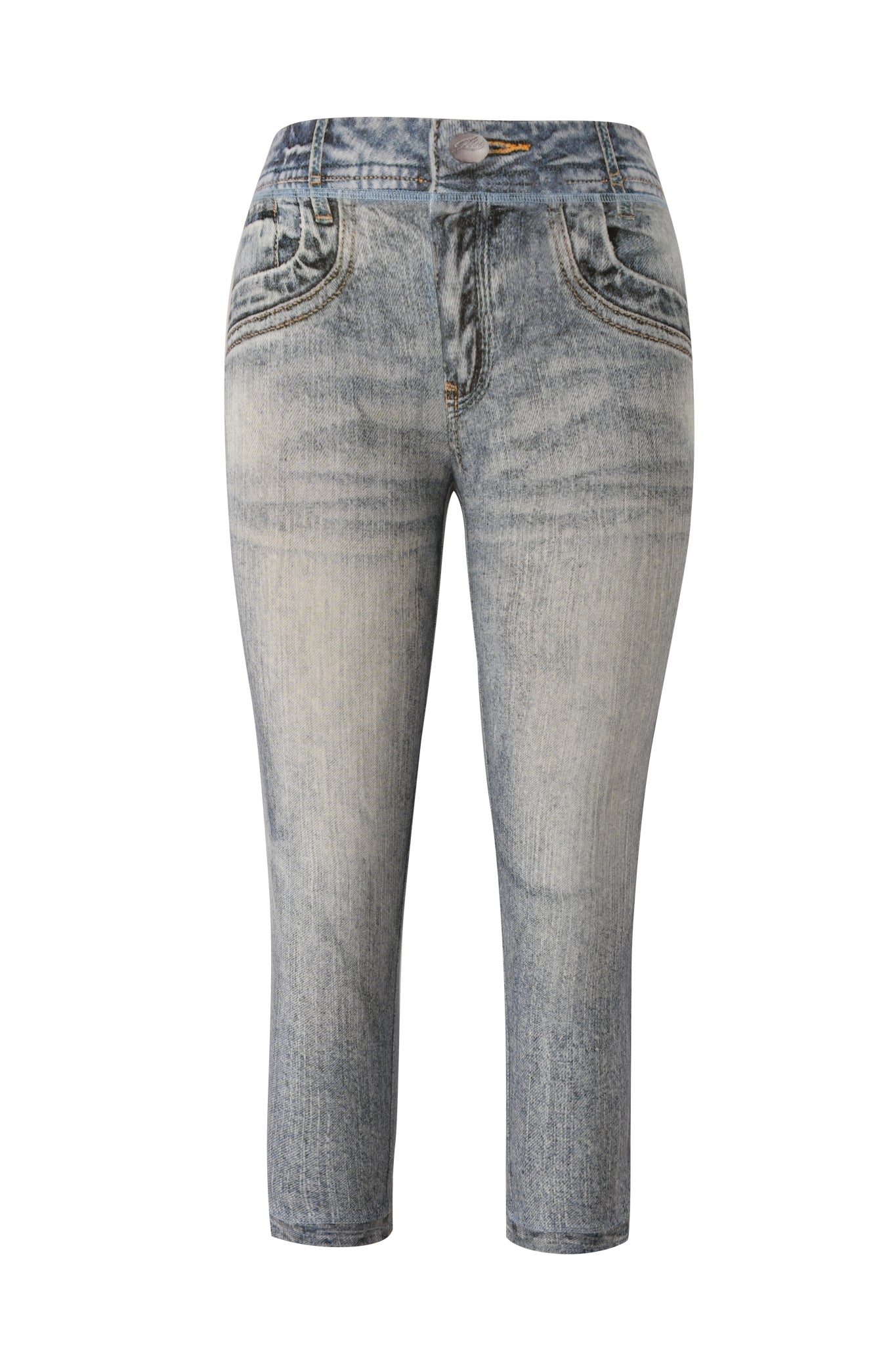 Cropped front view of the BLARE CAPRI - DENIM TROMPE L'OEIL jeans by I.AM.GIA, featuring light blue, faded high-waist denim with button and zip closure plus front pockets for a modern twist.