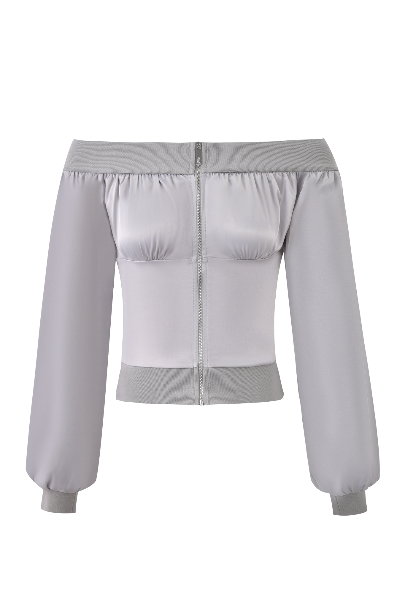 The JORDANA TOP - SILVER by I.AM.GIA is a light gray, off-the-shoulder crop jacket with long oversized bell sleeves, fitted cuffs and hem, a front silver zipper, and a smooth, slightly shiny finish.