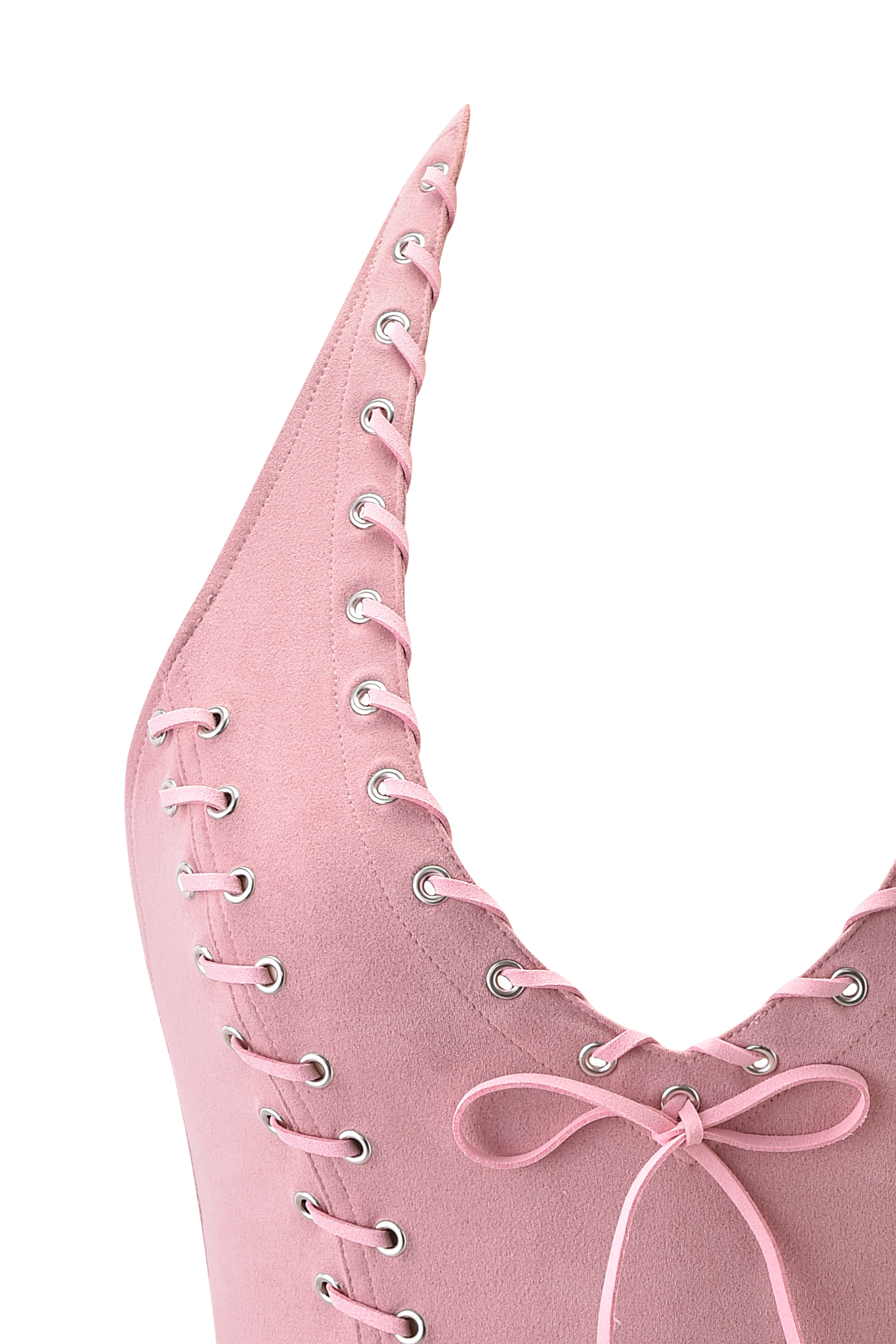 Close-up of the ZEPHYR TOP - BABY PINK by I.AM.GIA, featuring dusty pink faux suede, a V-neckline, silver eyelets, and pink laces tied in a bow at the bottom center.