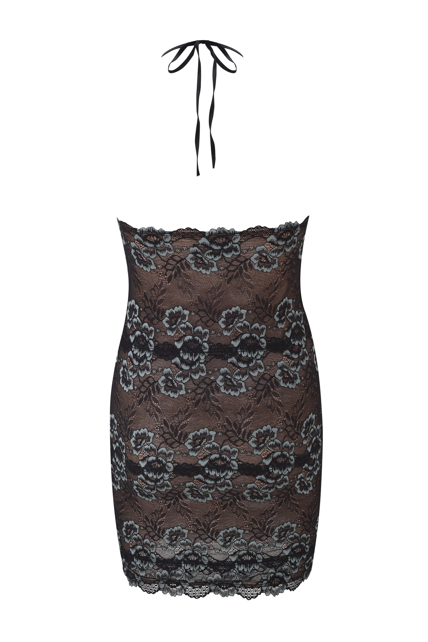 The GEM MINI DRESS - BLACK BLUE by I.AM.GIA is a black halter mini dress with floral lace, sheer fabric, bodycon fit, and a scalloped hem.