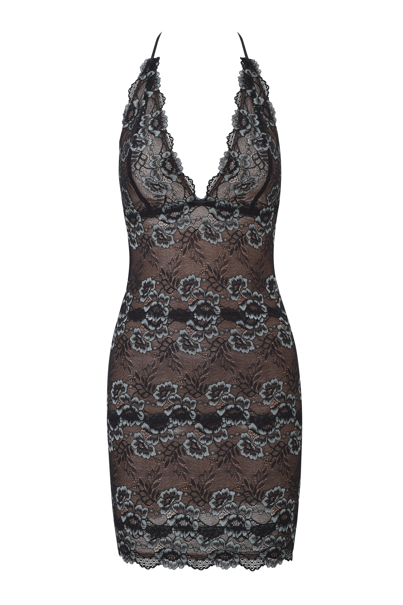 The GEM MINI DRESS - BLACK BLUE by I.AM.GIA is a bodycon sleeveless dress with a plunging neckline, floral lace patterns, and scalloped lace edges for an elegant look.