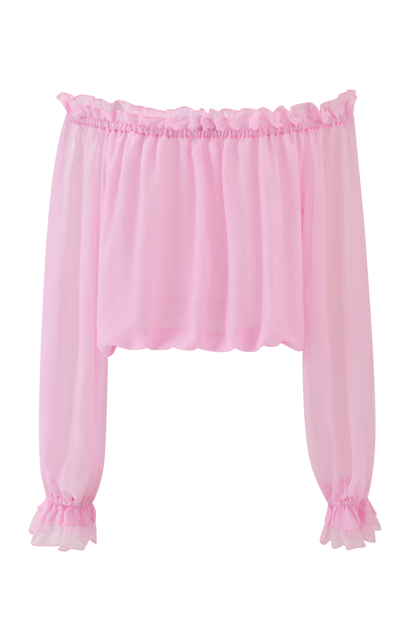 The JAZMIN TOP - BABY PINK by I.AM.GIA is an off-shoulder georgette top featuring sheer long sleeves and ruffled trim at the neckline and cuffs.