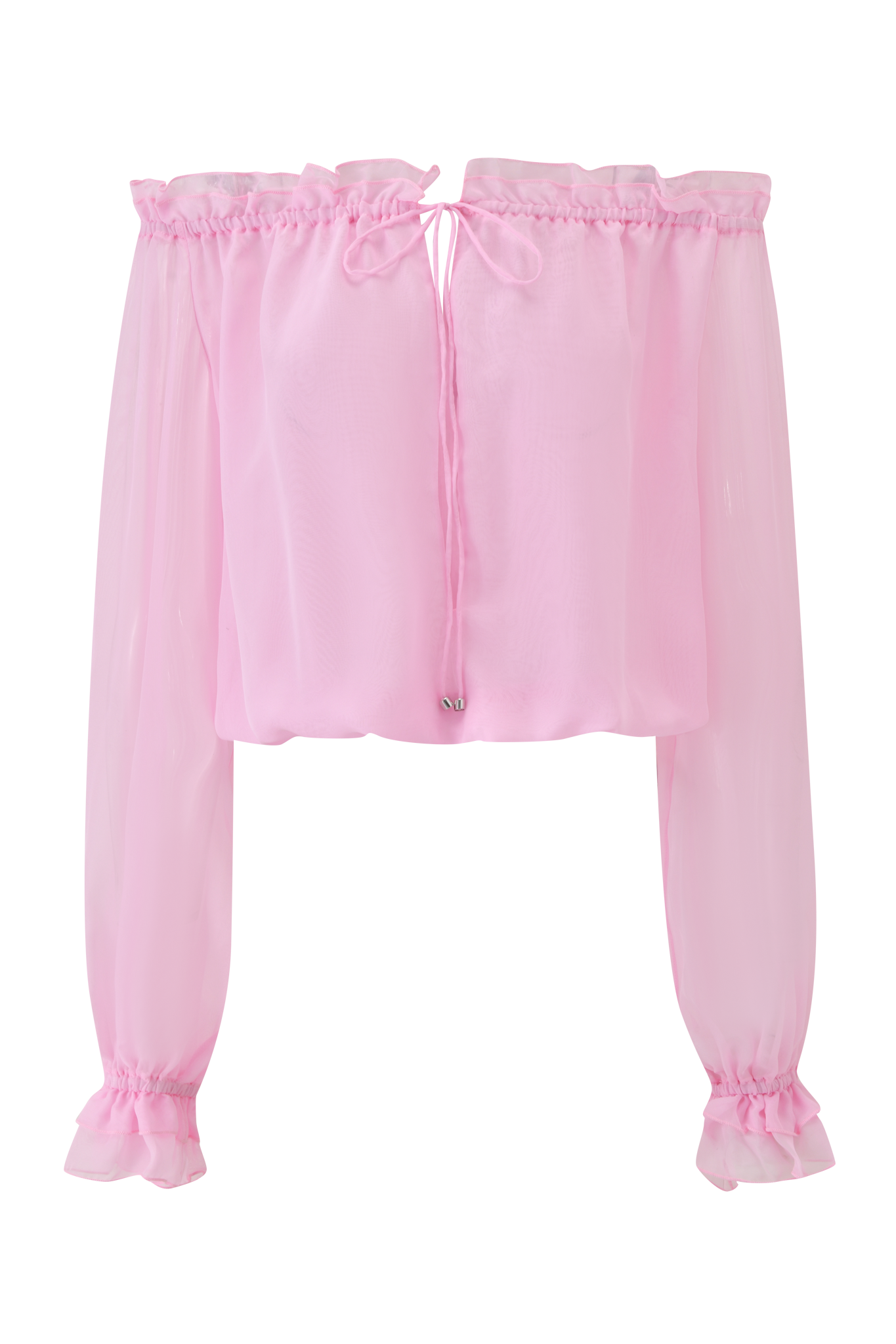 The JAZMIN TOP - BABY PINK by I.AM.GIA is a sheer georgette off-shoulder blouse with long sleeves, ruffled cuffs and neckline, plus a front tie—an ultra-feminine choice for any occasion.