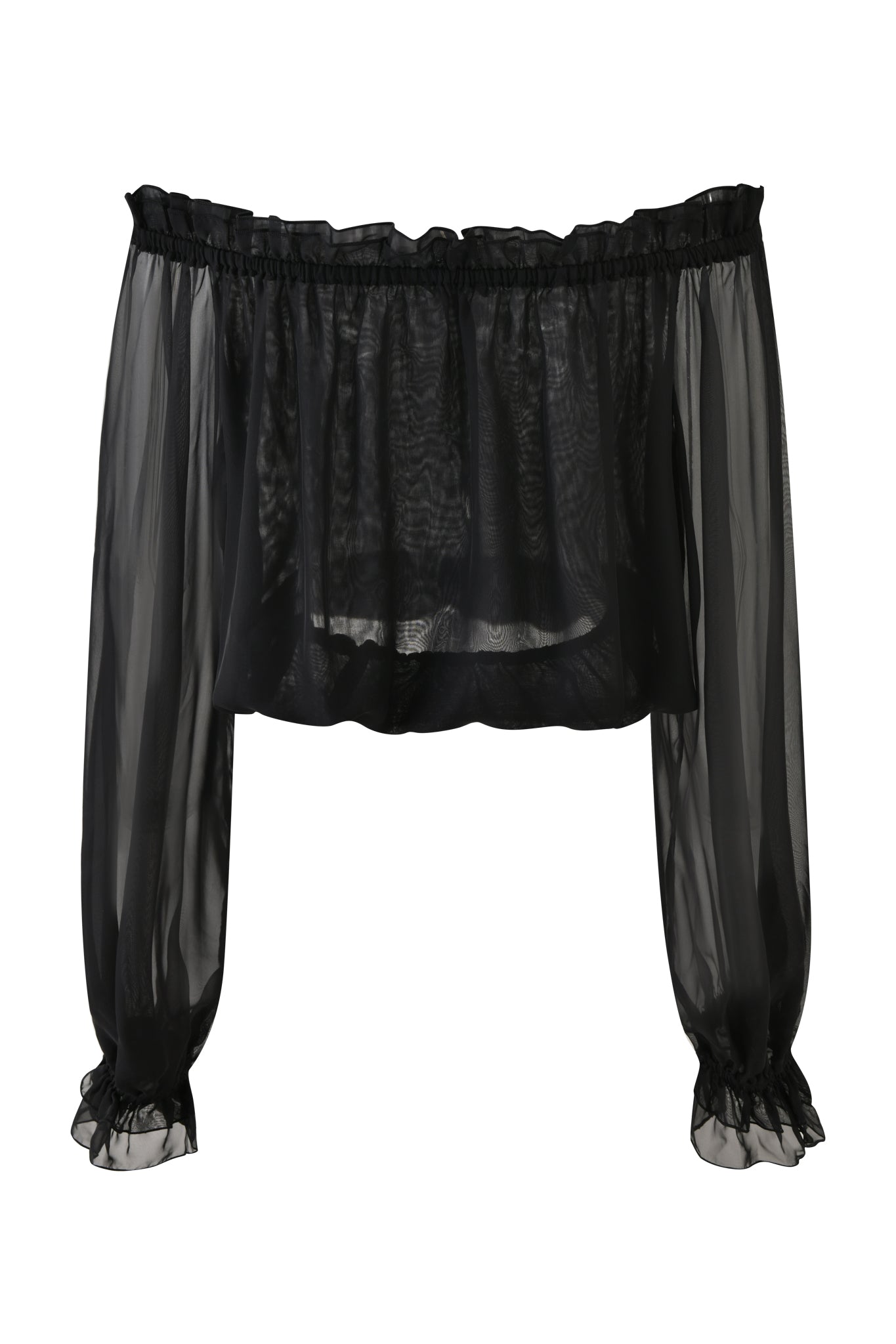 The I.AM.GIA JAZMIN TOP - BLACK is a sheer georgette off-the-shoulder top featuring long loose sleeves and ruffled elastic at the neckline and cuffs for a flowy, feminine look.