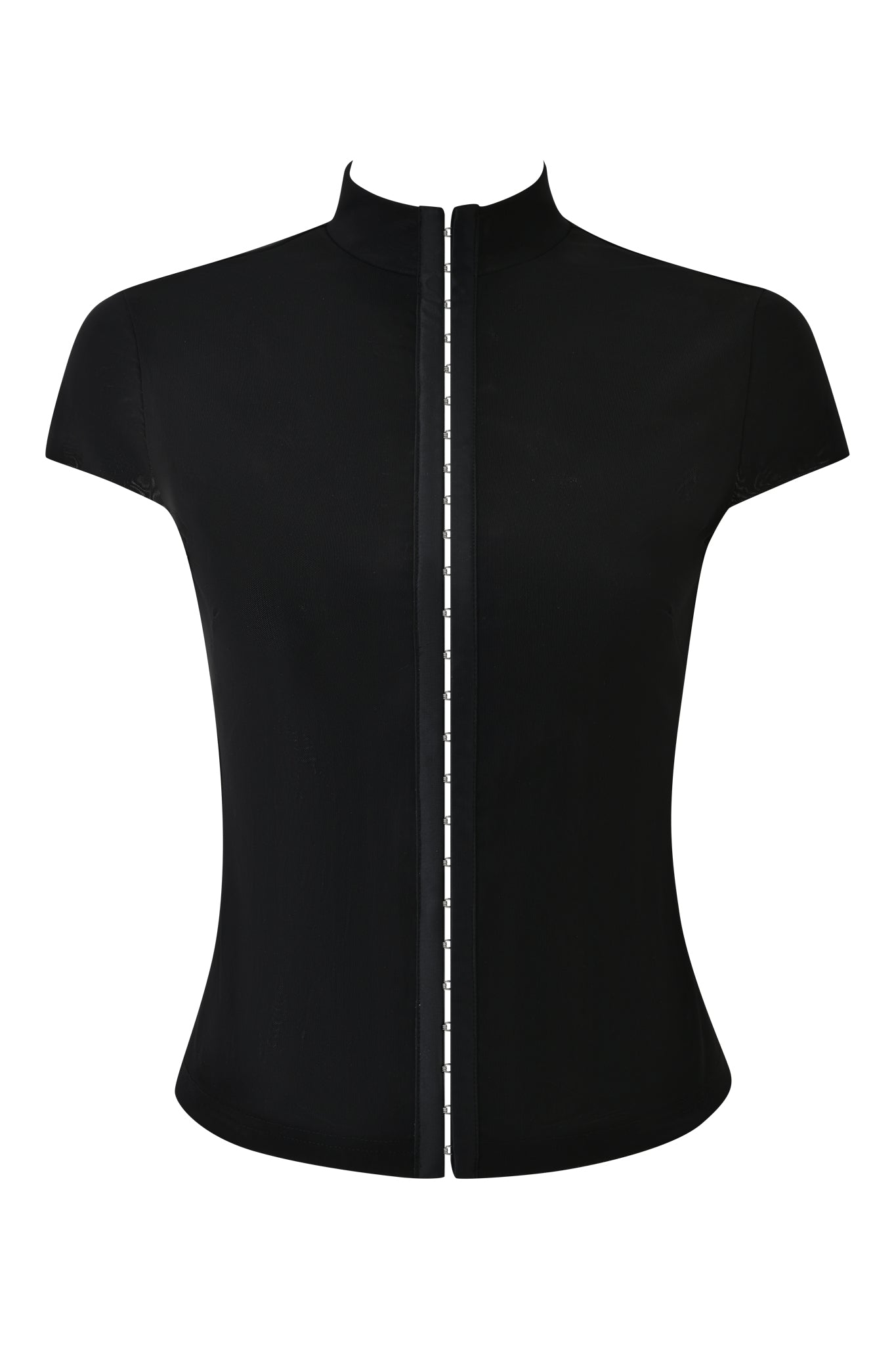 The I.AM.GIA ISELA TOP - BLACK features a fitted black mesh design with short sleeves, a mock neck, and a visible front zipper down the center. Photographed against a white background.