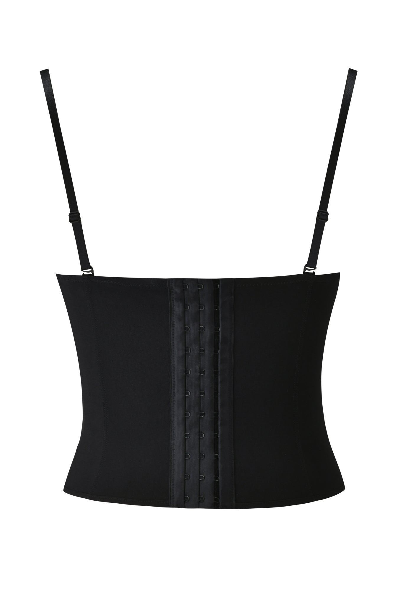 The SAMIRA BUSTIER - BLACK by I.AM.GIA is a black lingerie-style waist trainer with adjustable shoulder straps, a sweetheart neckline, and multiple hook-and-eye back closures, shown against a plain white background.