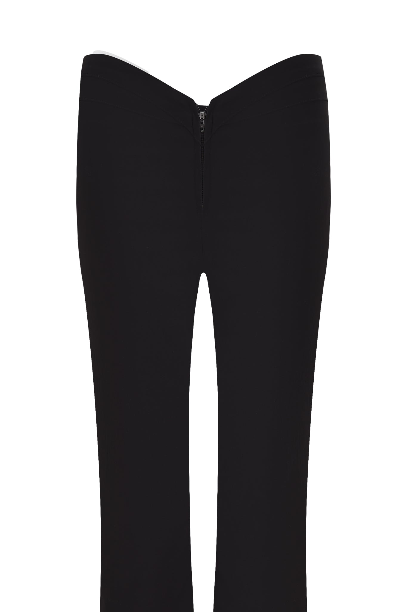 The I.AM.GIA ELLENA 2.0 CURVED WAIST ZIPPER PANT is a black, high-waisted flared leg style with a center back zipper and V-shaped waistband, shown against a white background with a fitted silhouette.