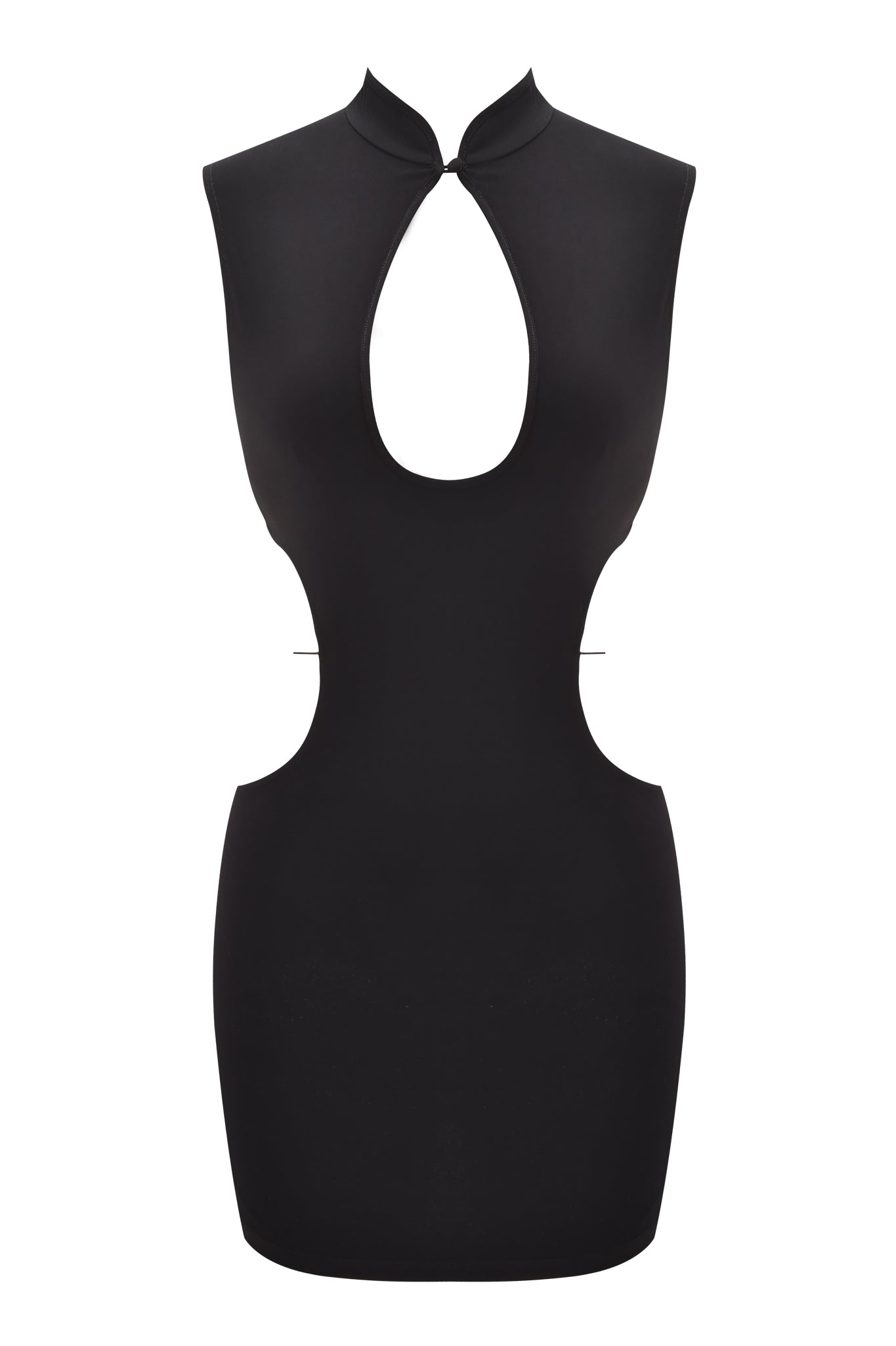 The LARISA BACKLESS STRAP MINI DRESS in black by I.AM.GIA features a sleeveless design, high neckline, front keyhole, and side waist cutouts for a bold, modern look.