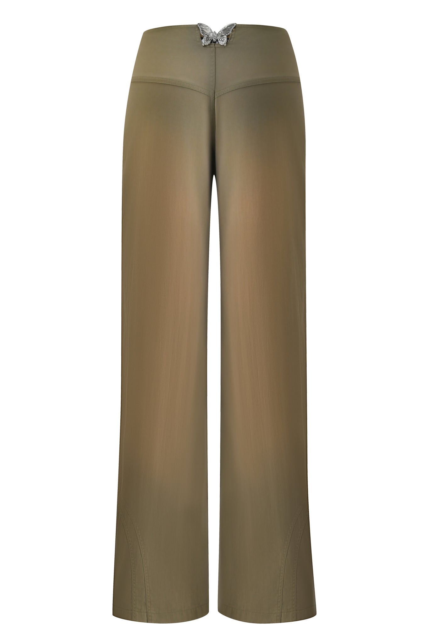 The SEQUOIA PANT by I.AM.GIA are high-waisted, wide-leg army green cotton cargo pants featuring a butterfly-shaped embellishment at the waistband, displayed against a white background.
