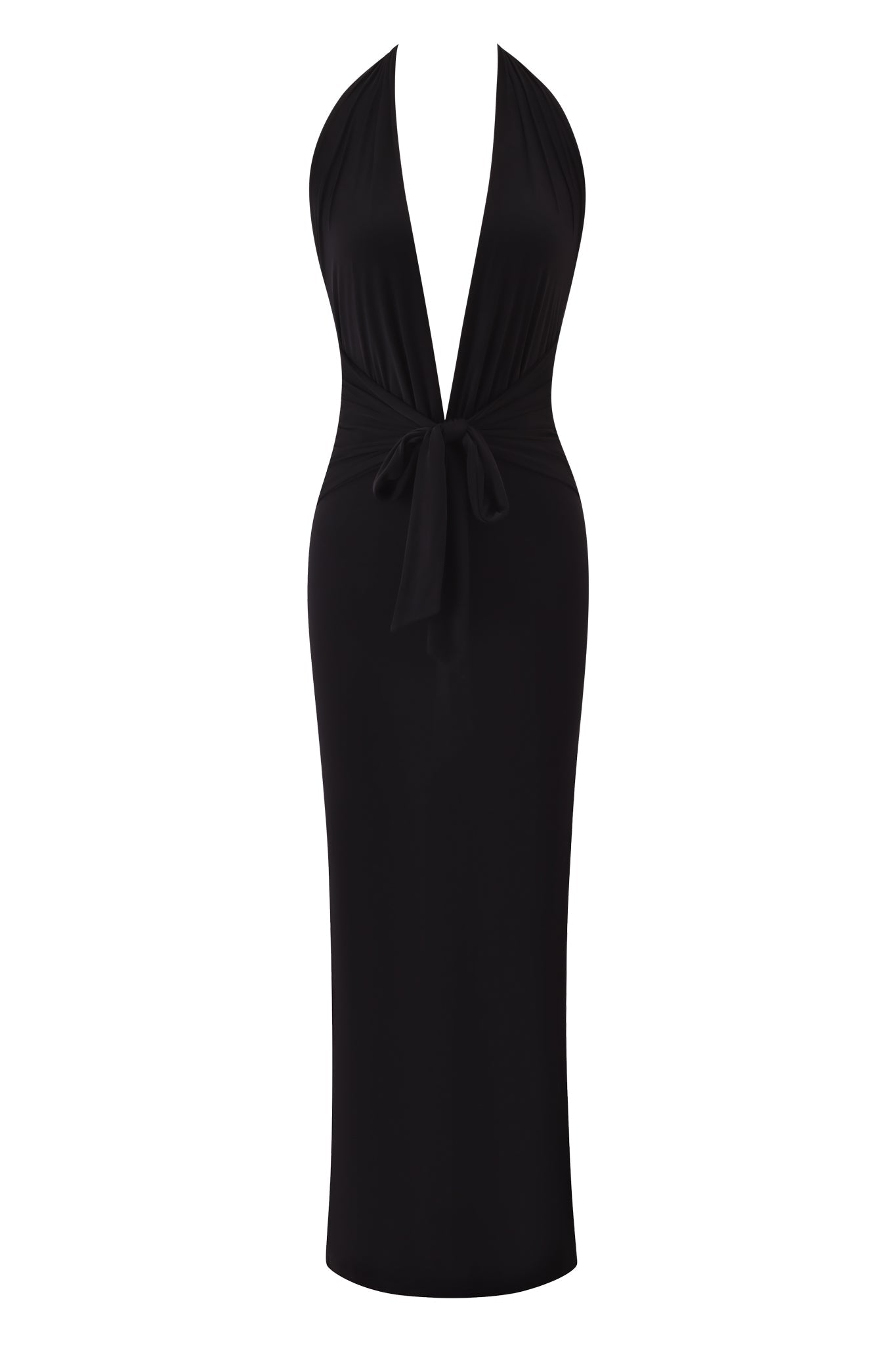 The ZIVA PLUNGE TIE MAXI DRESS by I.AM.GIA is a black, slinky halter dress with a deep V neckline and front waist tie for a flattering silhouette.