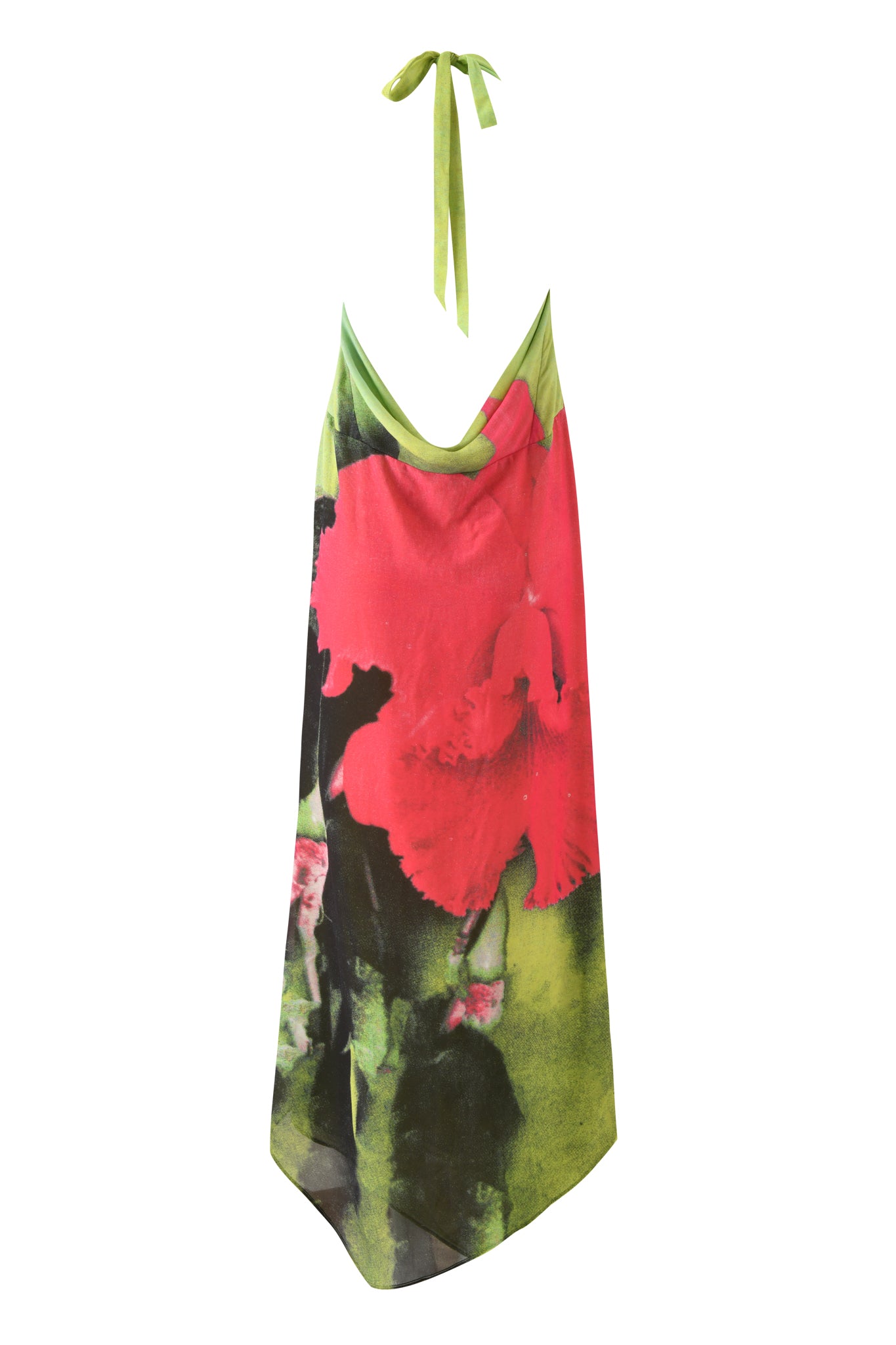 The I.AM.GIA SAMANTHA MAXI DRESS in orchid print features a halter neck, draped neckline, and asymmetrical hem. The vibrant neon floral dress is shown on a white background.