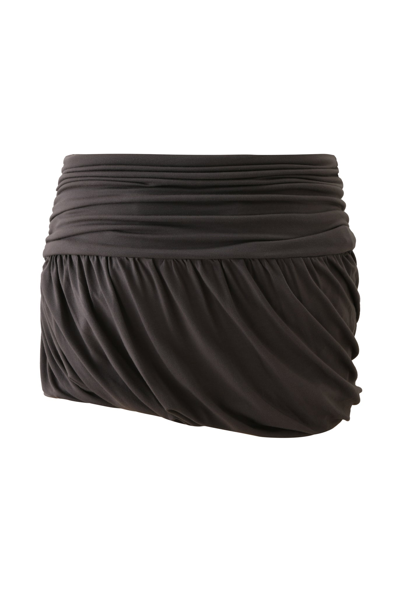 The KOVU MINI SKIRT by I.AM.GIA features a charcoal grey hue, ruched draped design, fitted waistband, and soft pleated fabric for an effortlessly chic look.