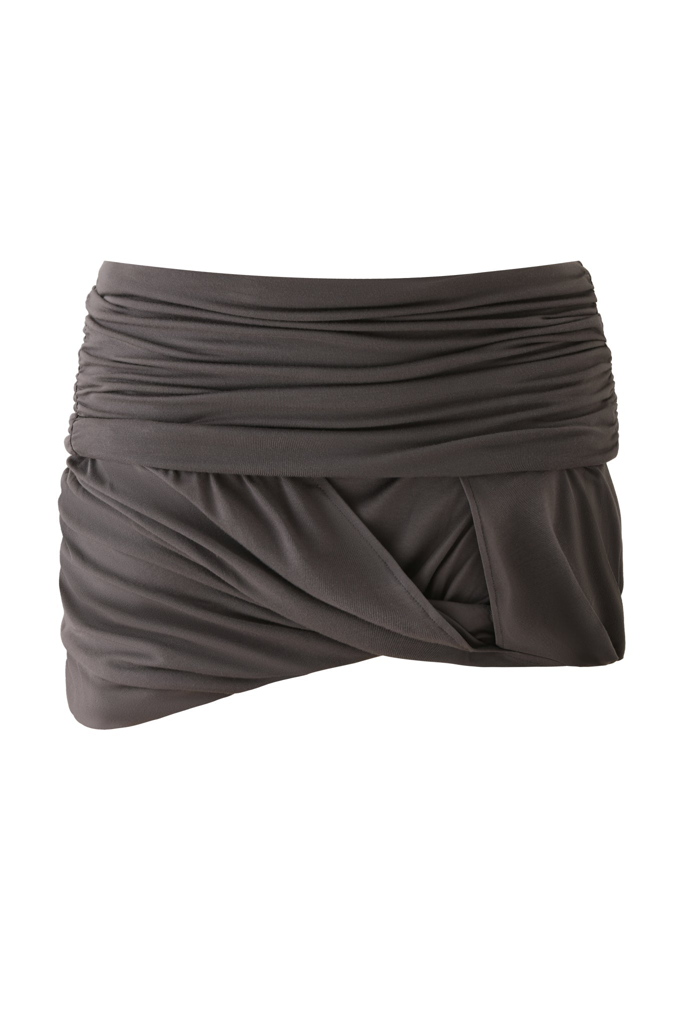 The KOVU MINI SKIRT by I.AM.GIA in charcoal grey features a ruched, overlapping design with gathered waistband and sides—a chic draped jersey skirt for modern styling.