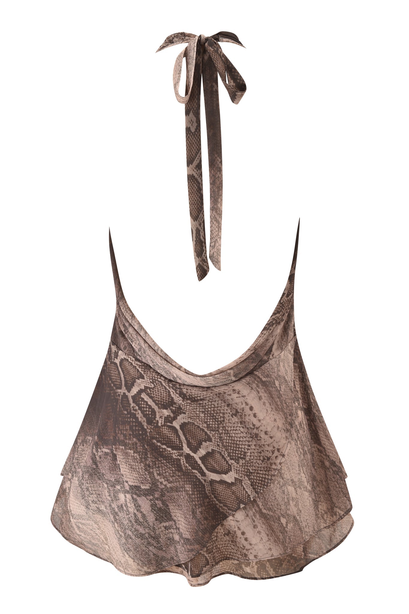 The I.AM.GIA ROSANNA SLEEVELESS COWL MINI DRESS features a brown and tan snake print, cowl neckline, flowy fit, and subtle tassel fringe details for added flair.