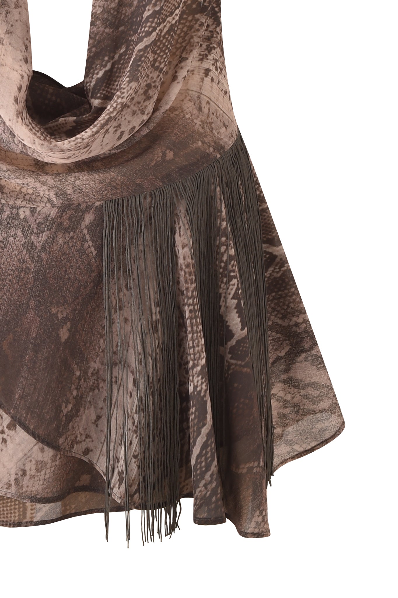 A close-up of the I.AM.GIA ROSANNA SLEEVELESS COWL MINI DRESS features snake-printed georgette fabric with long, thin tassel fringe detail along one side, set against a white background.