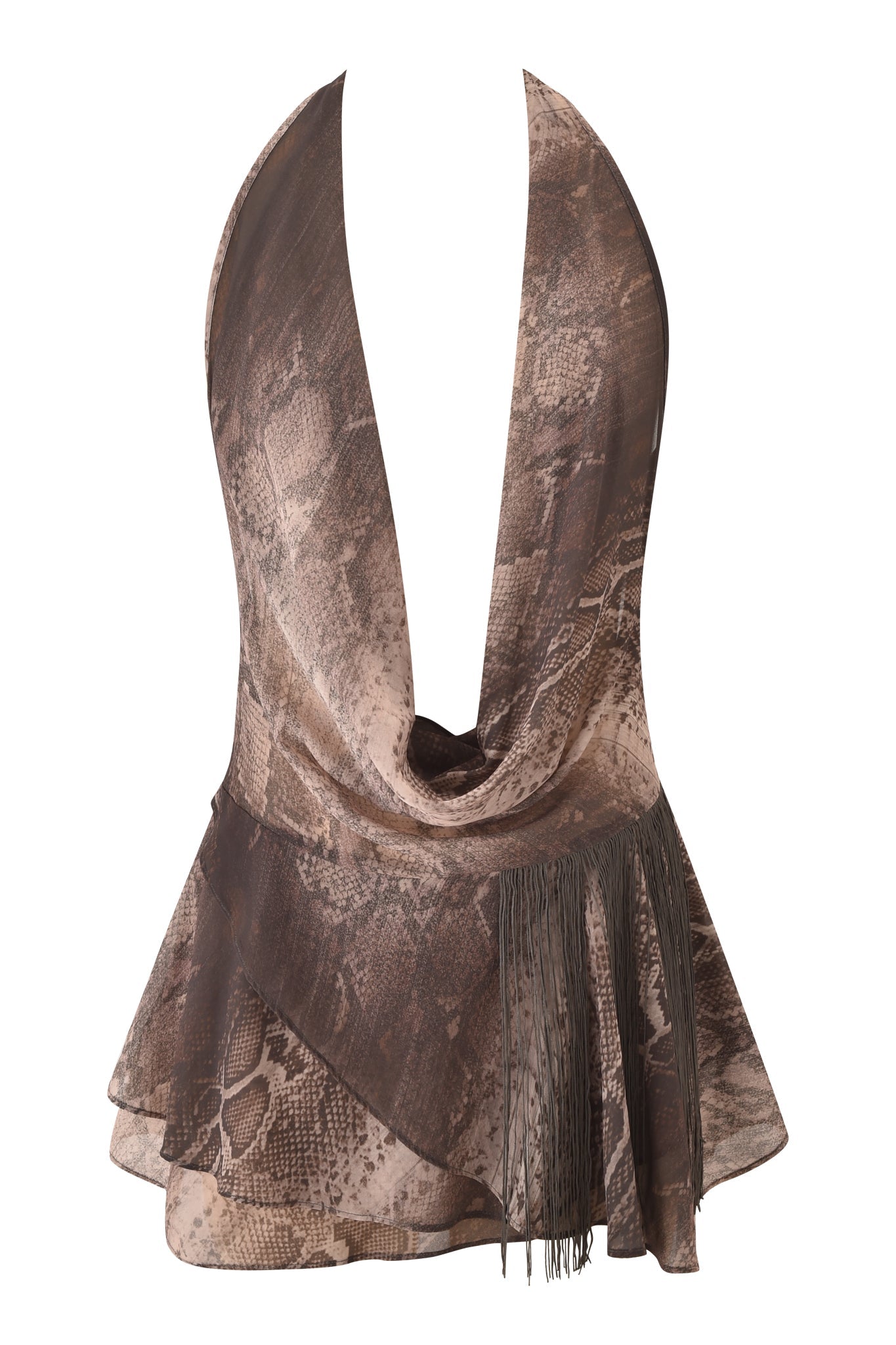 The ROSANNA Sleeveless Cowl Mini Dress by I.AM.GIA features a brown and beige snake print in georgette, a deep V-neck halter style, flared peplum hem, and tassel fringe detail on one side.