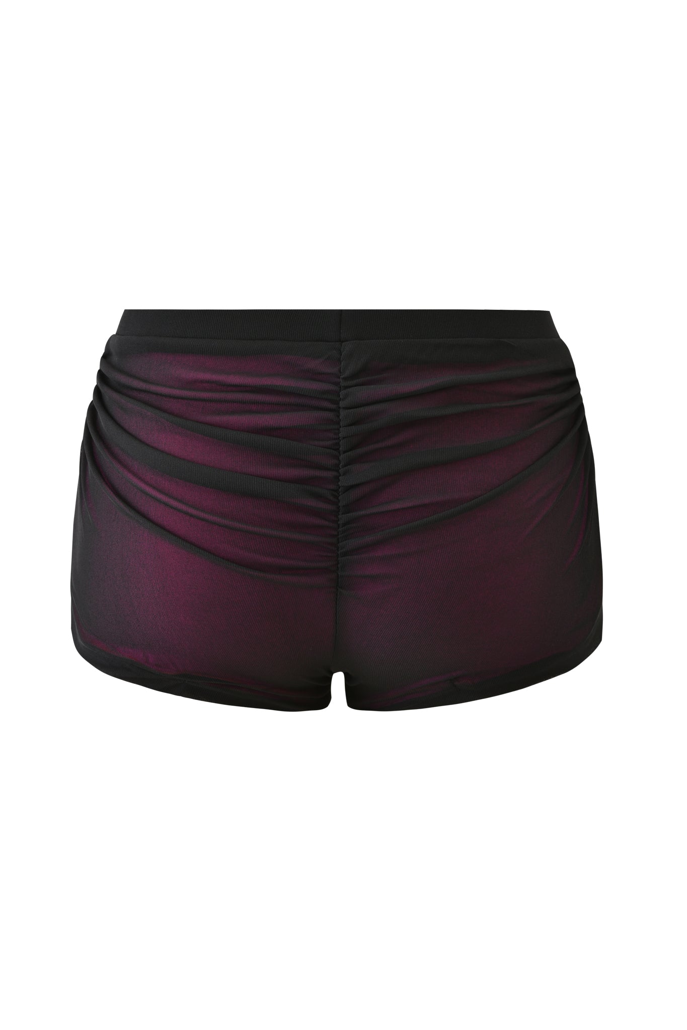 The I.AM.GIA AVARIX HOSIERY LAYERED SHORT in plum features high-waisted black shorts with a dark purple sheen and ruched back detailing, shown against a white background.