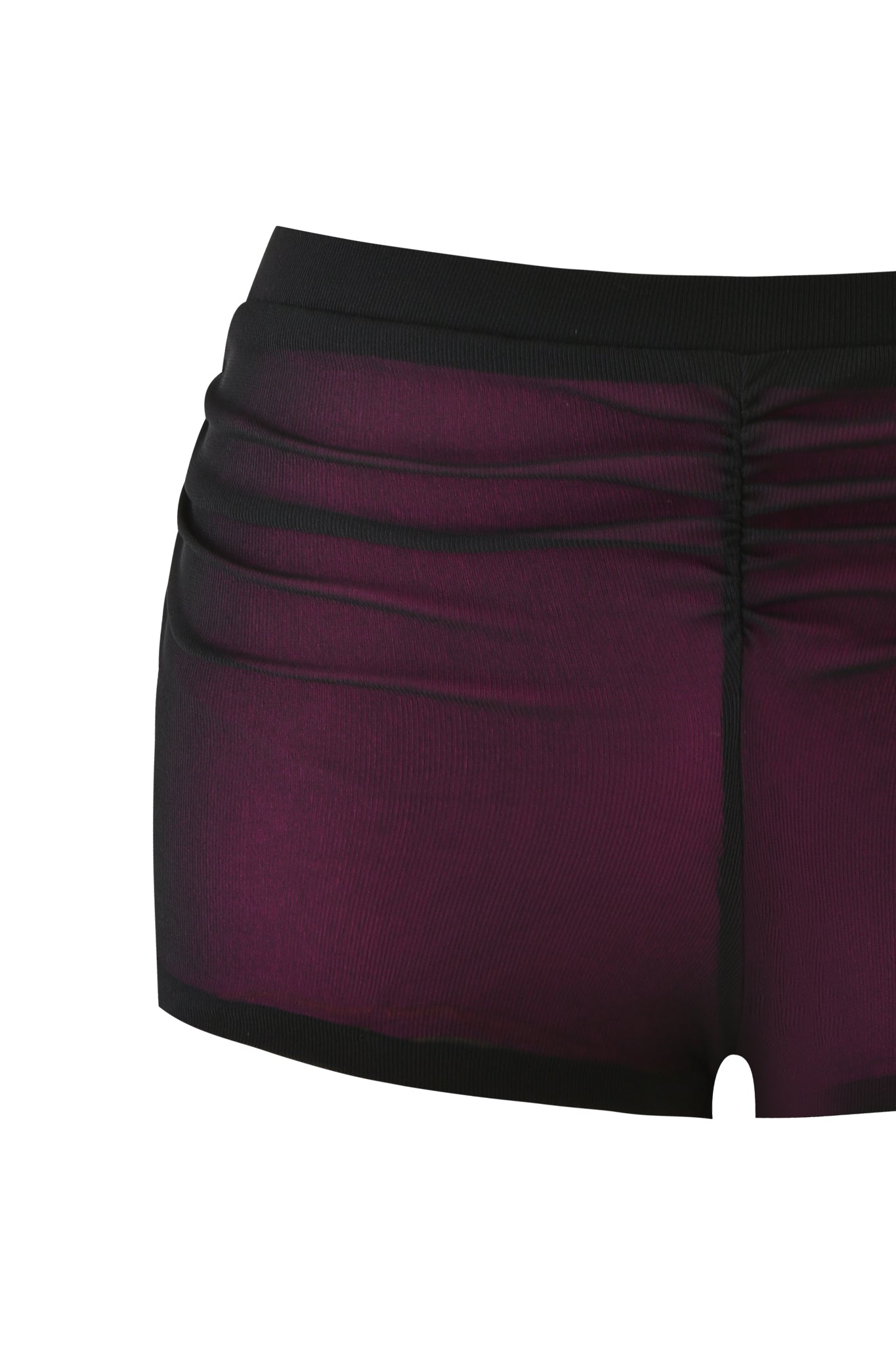 Close-up of the I.AM.GIA AVARIX HOSIERY LAYERED SHORT in plum, featuring a high-waisted, bodycon fit with black trim and gathered seam detail at the back. Set against a white background.