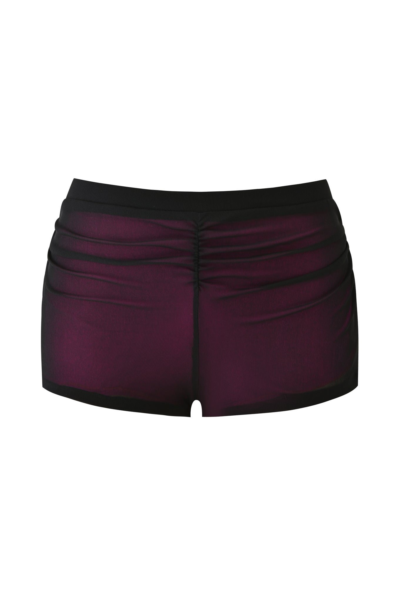 The AVARIX HOSIERY LAYERED SHORT - PLUM by I.AM.GIA is a pair of dark purple mesh micro mini shorts with a black waistband and trim, plus ruched seams at the back and center front, shown against a white background.