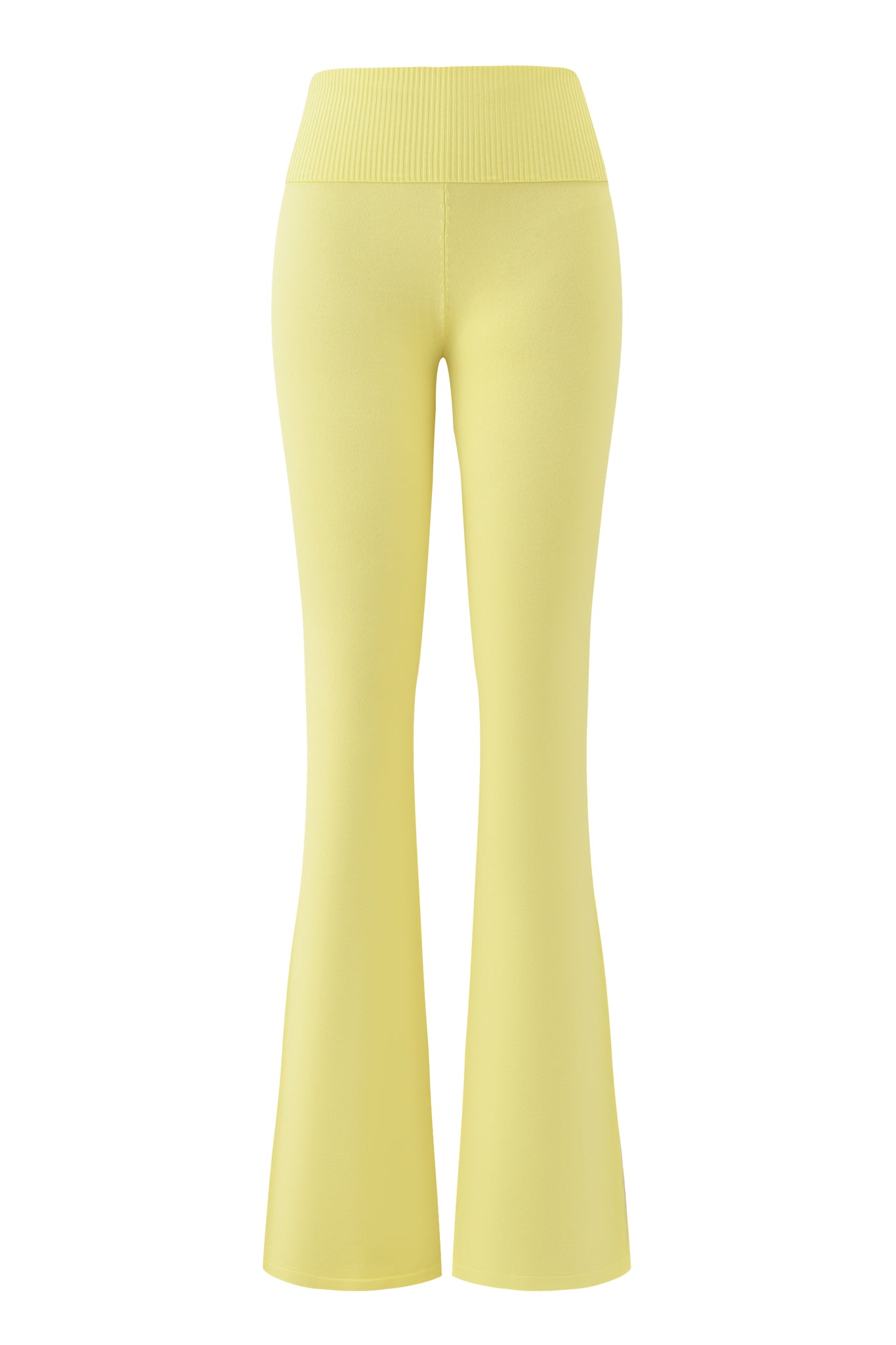 I.AM.GIA MORGANA 2.0 Pant in Baby Yellow features a high-waisted, ribbed design with flared legs, shown from the back against a white background.