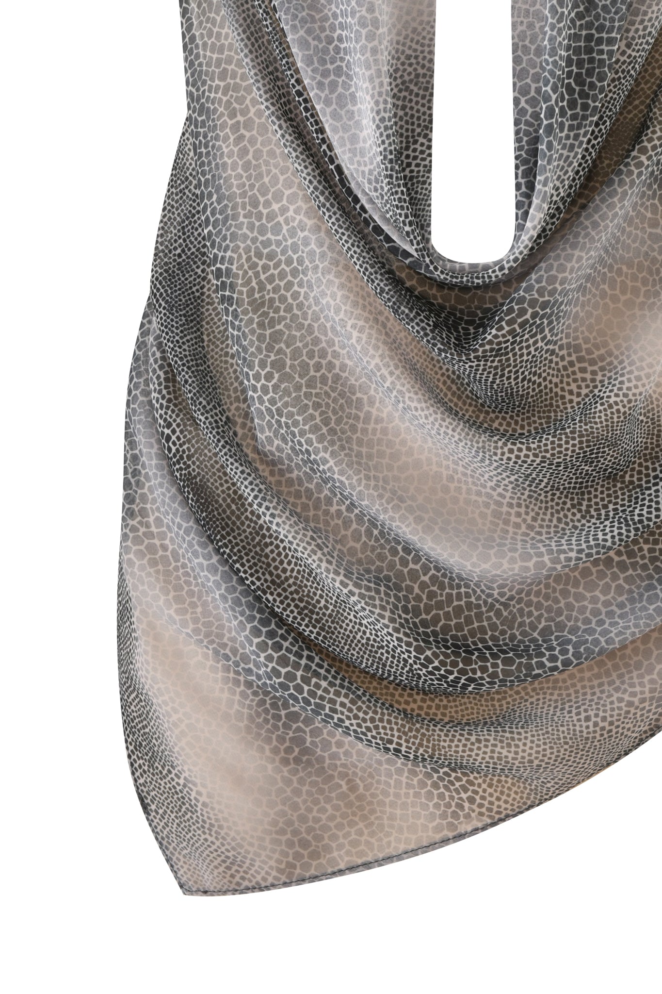 A close-up of the I.AM.GIA GRAYSON TOP - SERPICO, featuring a silky grey and beige snakeskin pattern, draped in soft folds against a white background.