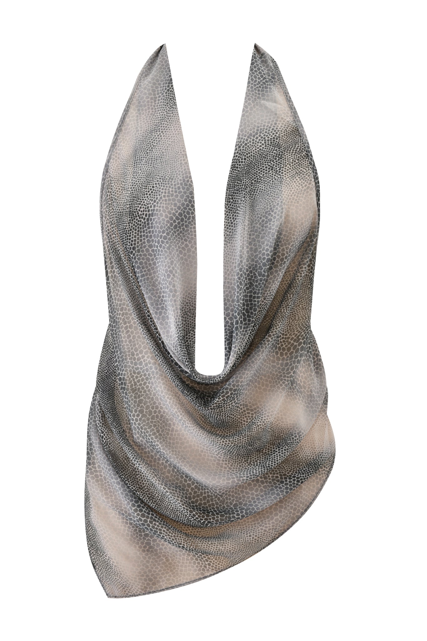 The I.AM.GIA GRAYSON TOP - SERPICO is a sleeveless, backless top featuring a draped cowl neckline and gray-beige snakeskin print. Its soft, loose folds create an effortlessly chic style.