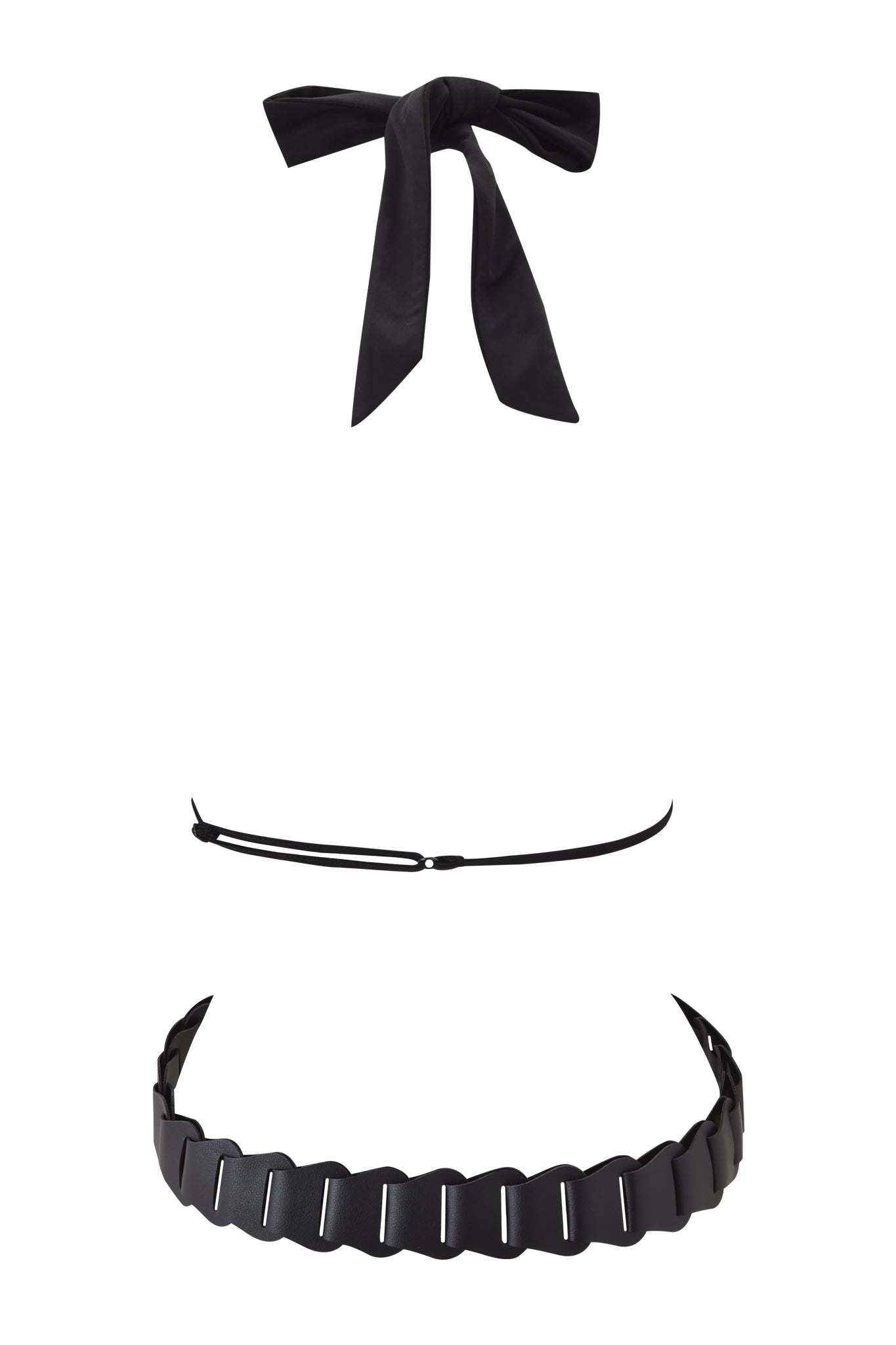 The SALDANA TOP - BLACK by I.AM.GIA is a black three-piece swimsuit with a plunging halter top, thin back strap, and textured adjustable waistband, shown disassembled on a white background to highlight each separate piece.