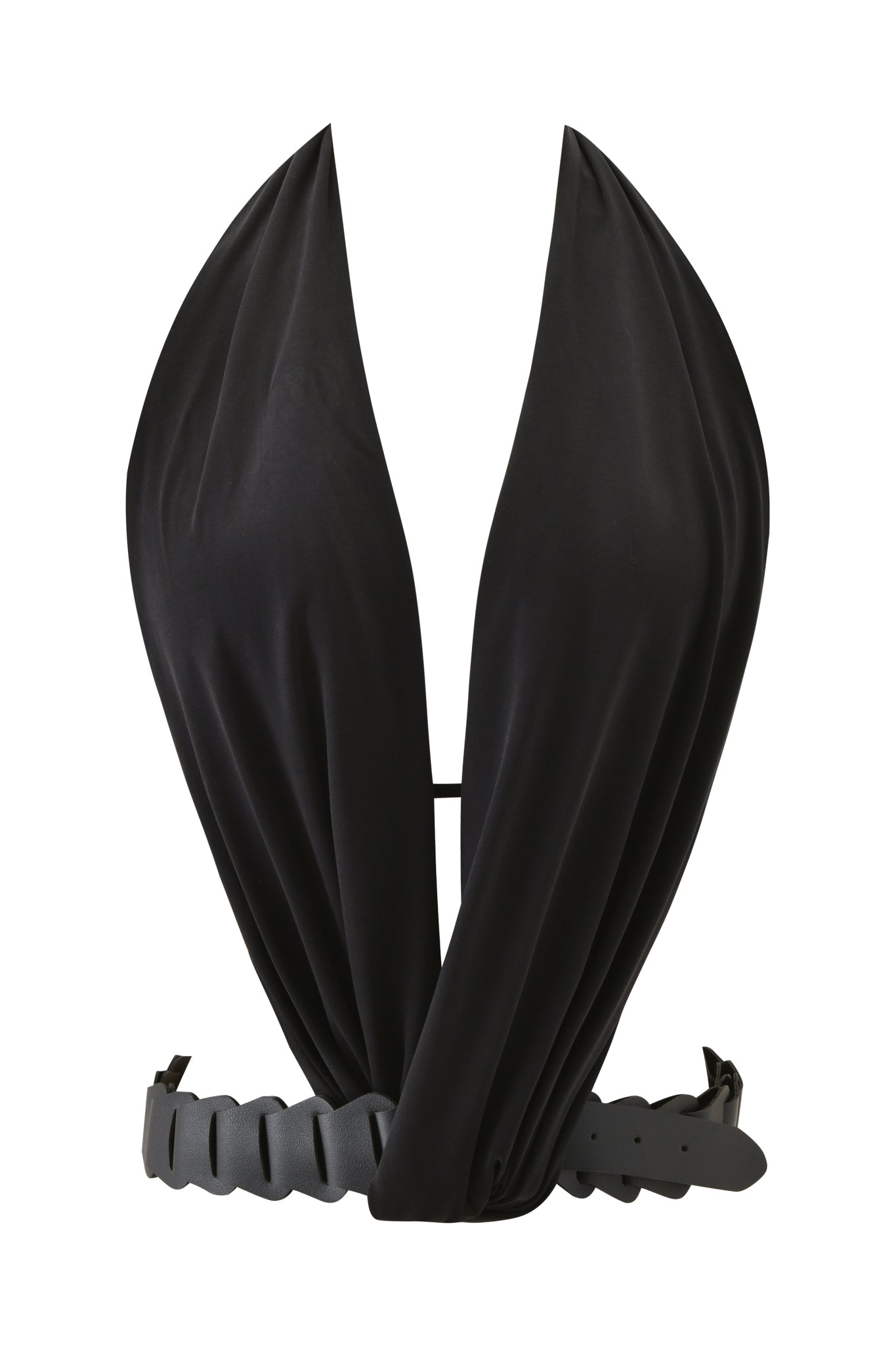 The SALDANA TOP - BLACK by I.AM.GIA features a plunging halter neckline and wide, draped front, complemented by a faux leather belt with oval cutouts and an adjustable waist for a customized fit.