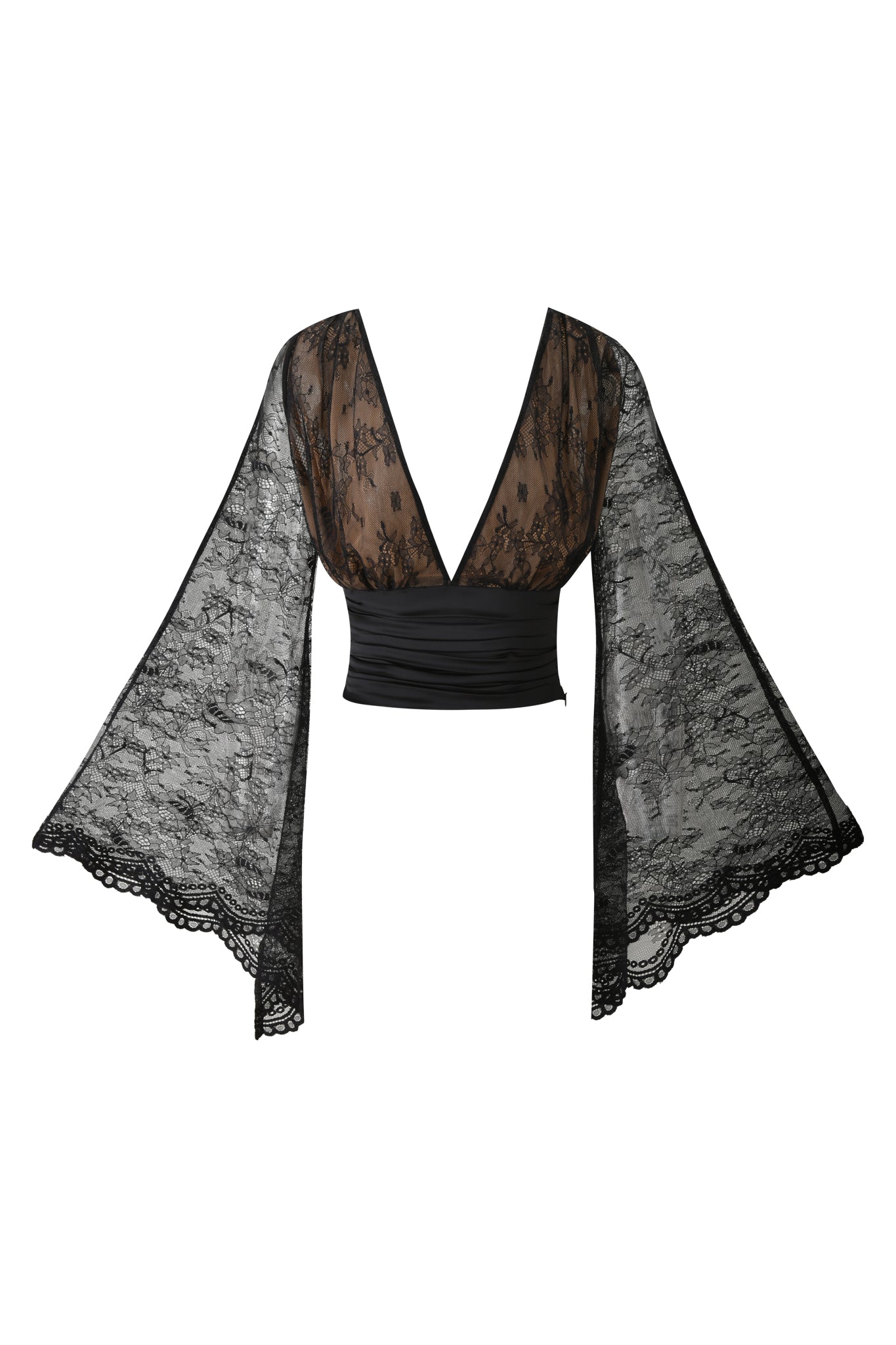 The STEVIE TOP - BLACK by I.AM.GIA is a sheer black lace blouse with wide bell sleeves, a deep V neckline, fitted waist, and scalloped floral lace edges.