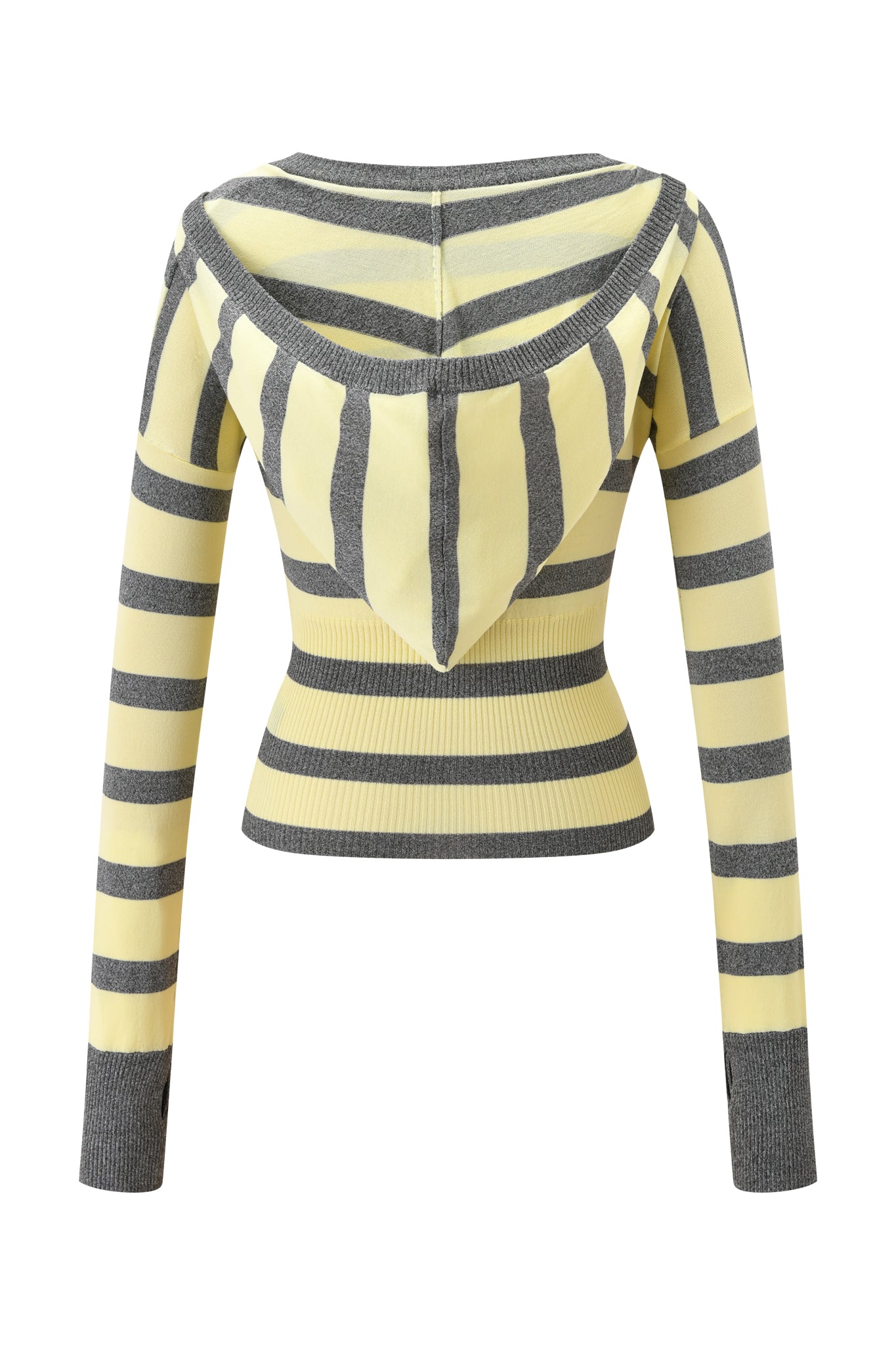 Back view of the I.AM.GIA SUZI SWEATER - YELLOW AND GREY STRIPE, a fitted knit with long sleeves, a hood, and ribbed waistband and cuffs—all in a matching yellow and grey striped pattern.