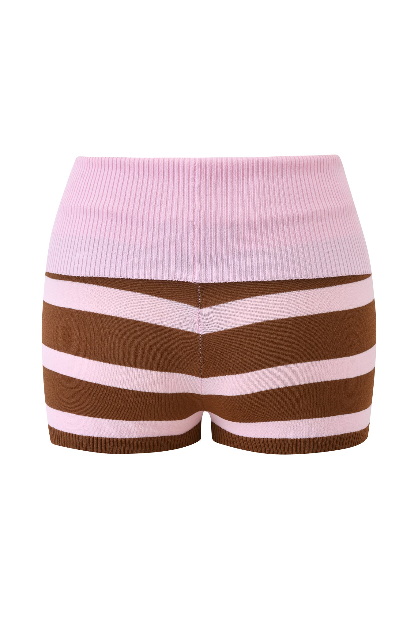 The SUZI SHORT - PINK AND CHOCOLATE STRIPE by I.AM.GIA features a high ribbed pink waistband, alternating brown and pink stripes, and a snug micro mini-inspired fit for effortless style with no visible logos or embellishments.