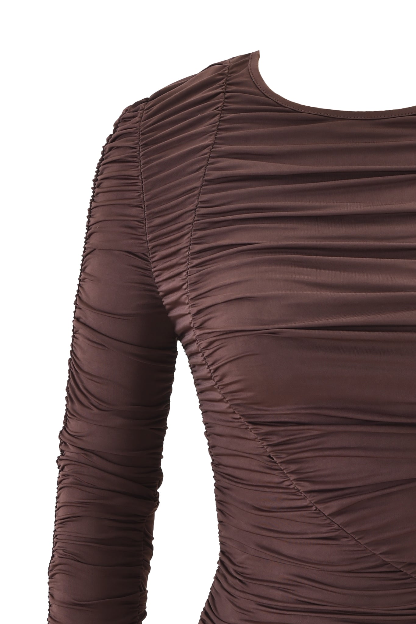 A close-up of the CERISE TOP - CHOCOLATE by I.AM.GIA showcases its brown slinky jersey, ruched long sleeves, round neckline, and gathered details. The bodycon fit highlights the silhouette against a white background.