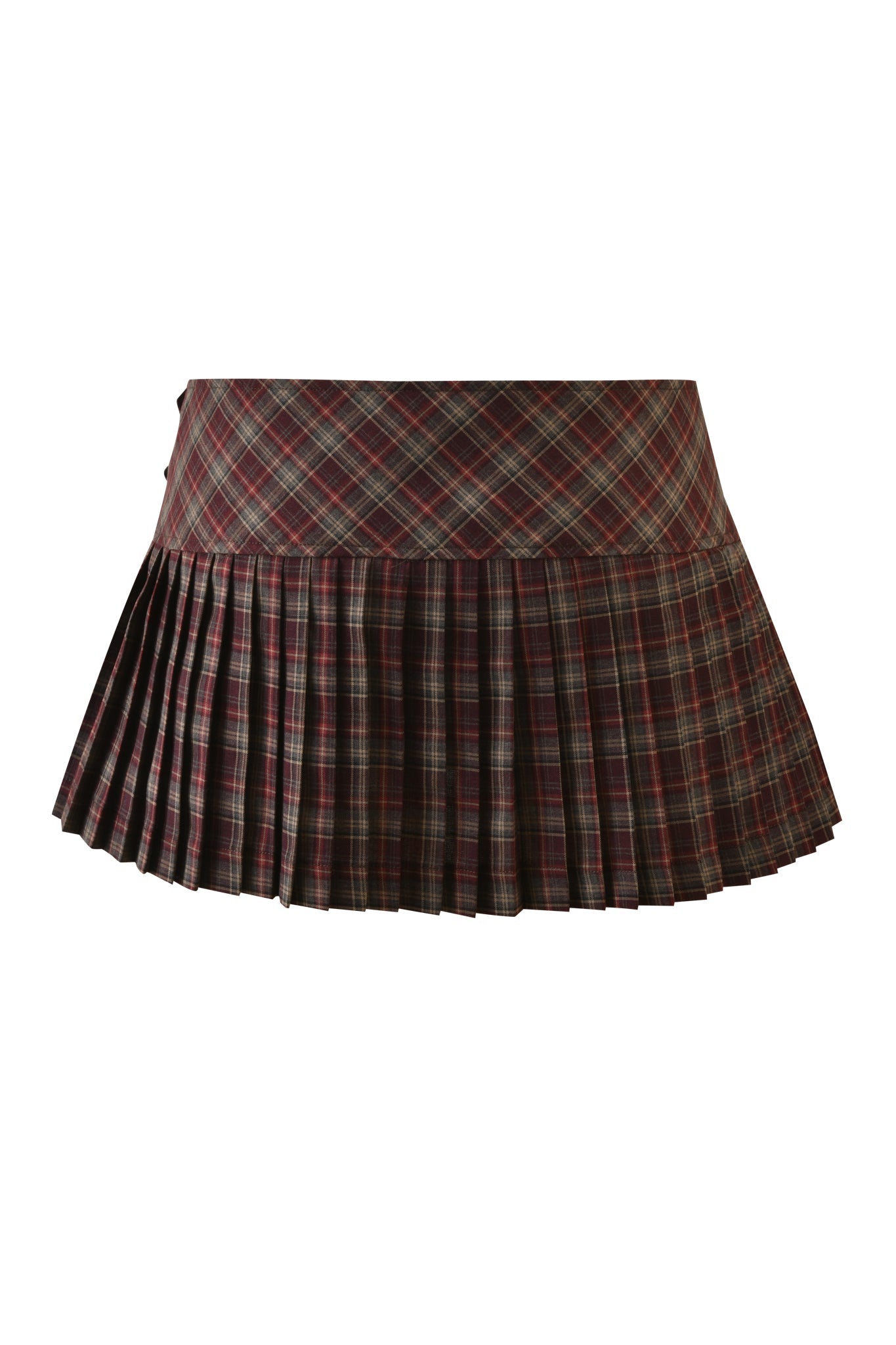 The I.AM.GIA ROUX MINI SKORT in burgundy plaid features a fitted waistband, low-rise mini fit, and evenly spaced pleats, displayed against a white background.