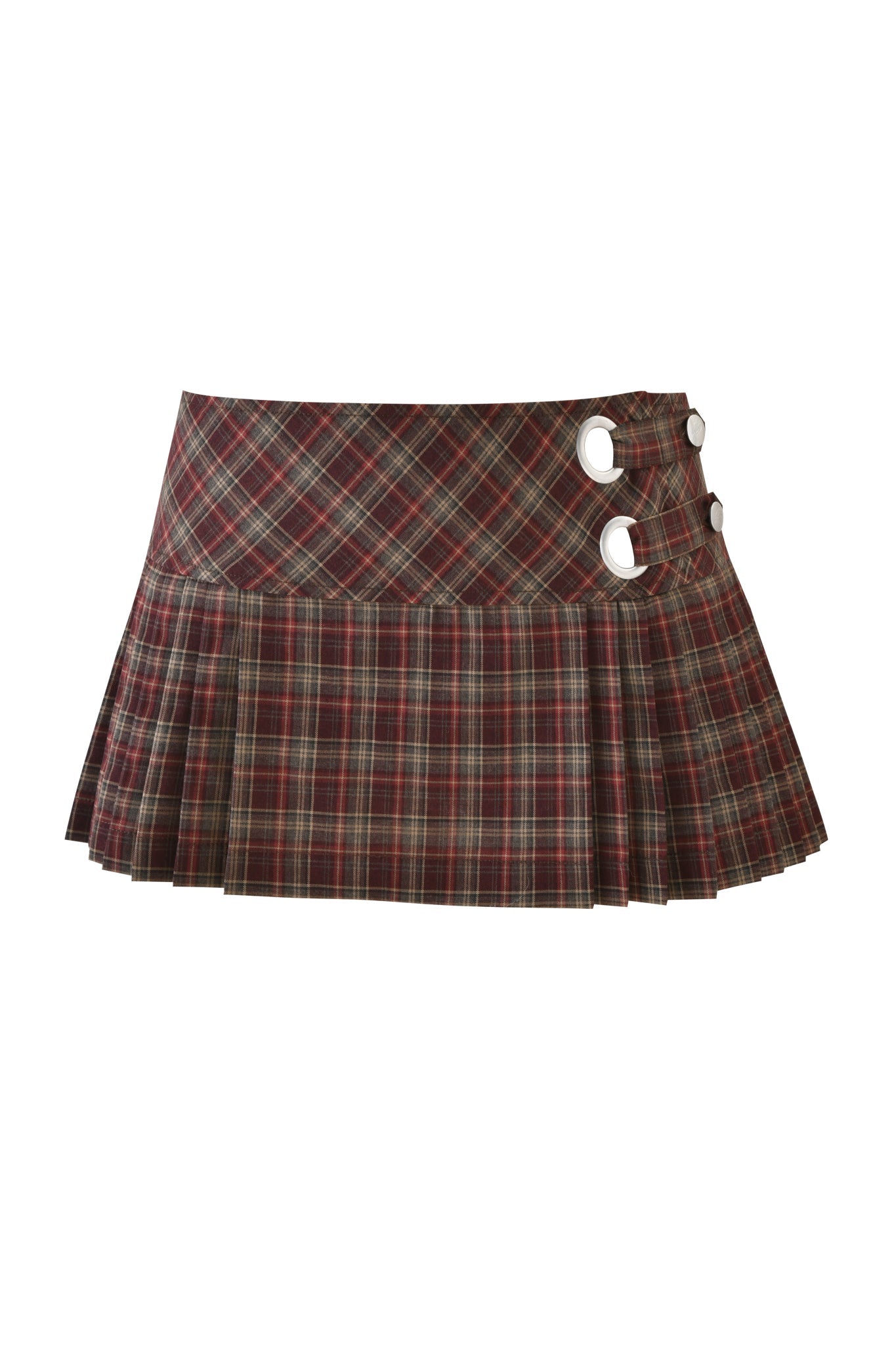 The ROUX MINI SKORT - BURGUNDY PLAID by I.AM.GIA is a short, low-rise piece in brown and red plaid with pleats and two silver buckles on the side.