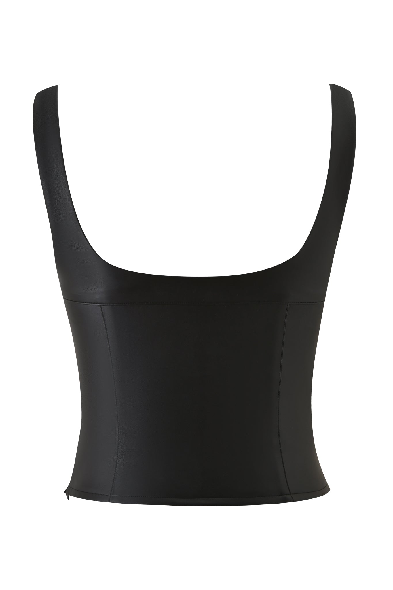 The RIVA TOP - BLACK by I.AM.GIA is a sculpted faux leather corset with a square neckline and fitted bodice, shown against a white background.
