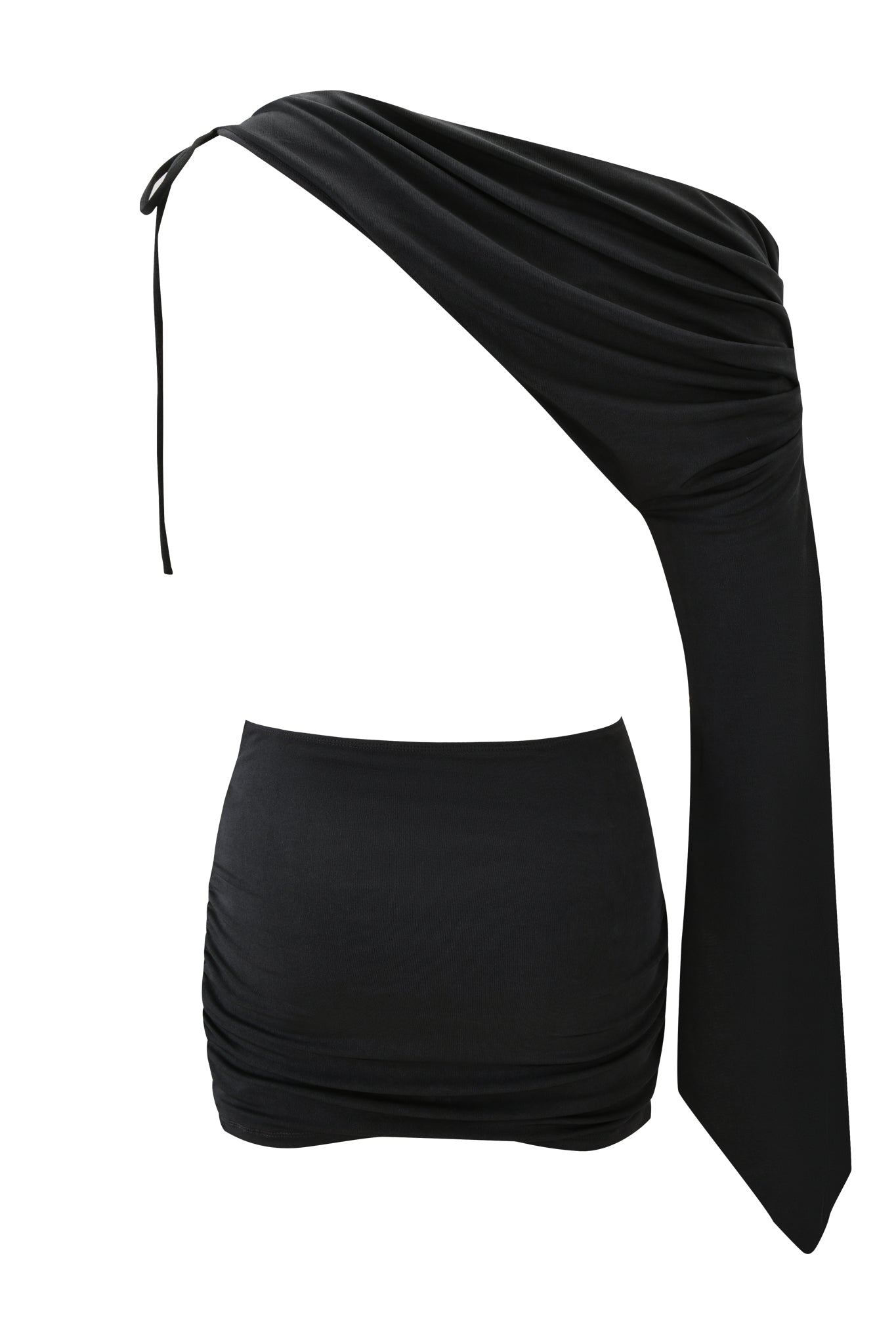 The JOLIE MINI DRESS - STEEL by I.AM.GIA offers an edgy twist with its one-shoulder black design, featuring draped fabric, an asymmetrical long sleeve, and a high-waisted ruched mini skirt.