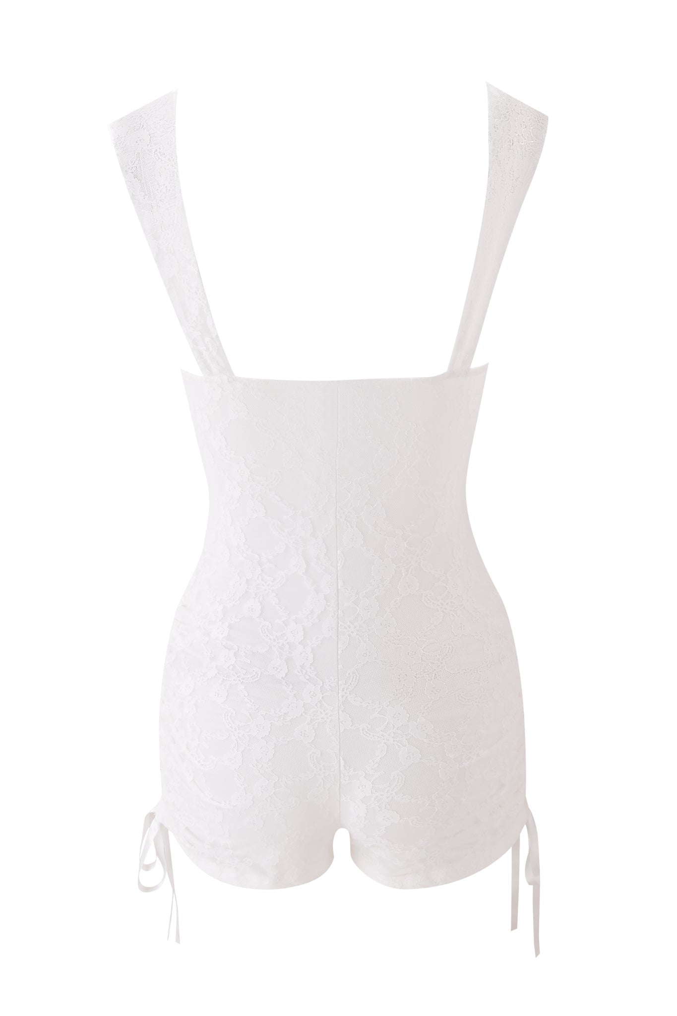 The SONNET PLAYSUIT by I.AM.GIA is a white lace, sleeveless design with thick straps, a fitted waist, and mini shorts featuring side tie details, shown from the back.