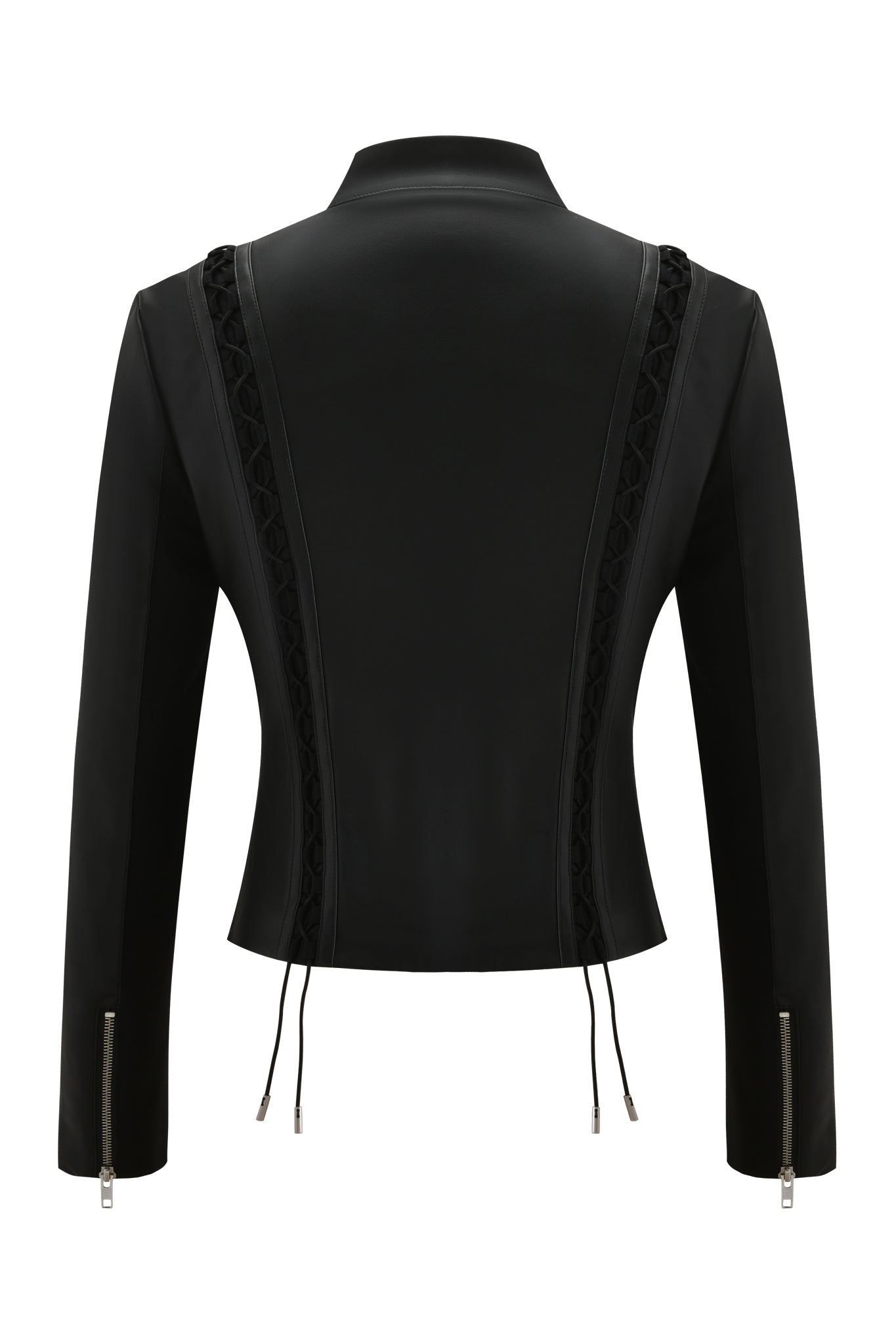 The KENDRIX JACKET - BLACK by I.AM.GIA is shown from the back, featuring decorative seam stitching, a structured collar, long sleeves with zippered cuffs, and side adjustable drawstrings.