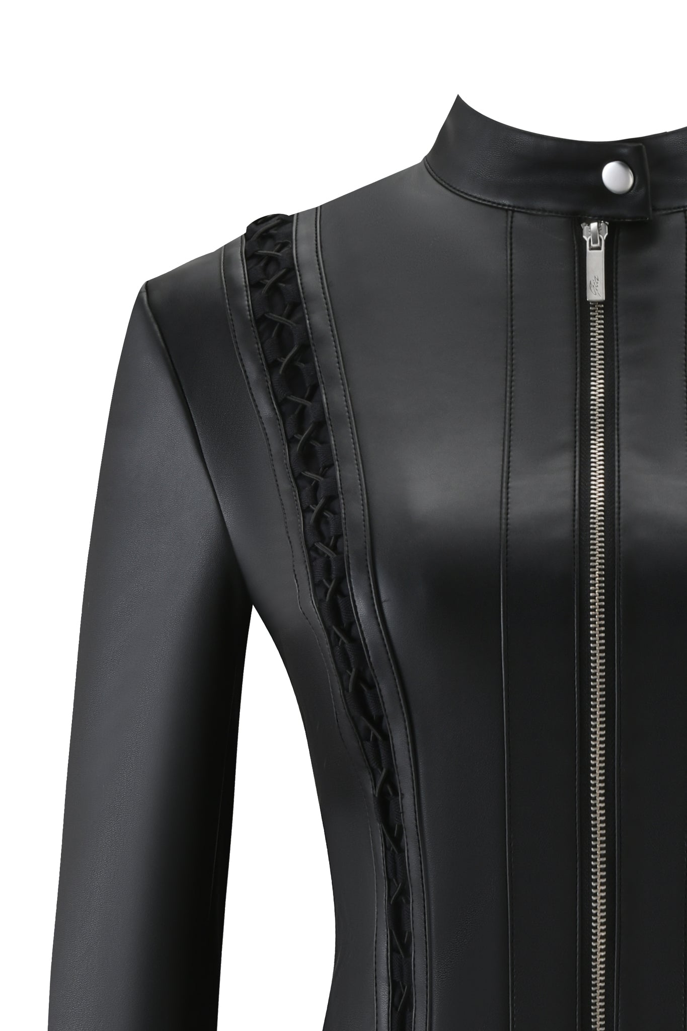 Close-up of the I.AM.GIA KENDRIX JACKET in black PU, featuring a high collar with a white snap button, silver front zipper, and unique braided detailing along one side of the zipper.