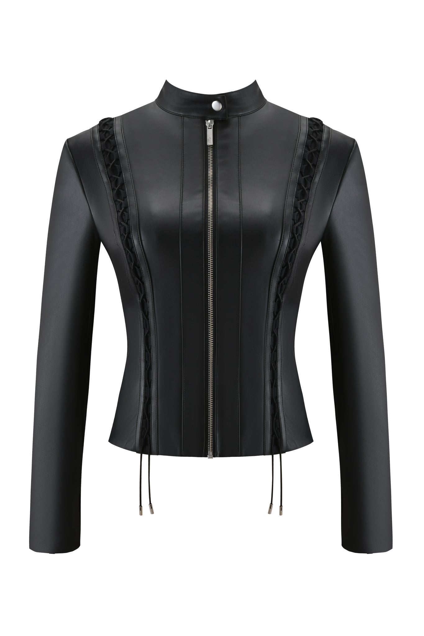 The I.AM.GIA KENDRIX JACKET - BLACK is a PU moto jacket with long sleeves, front zipper, braided seam details, and a high snap-collar, shown here on a white background.