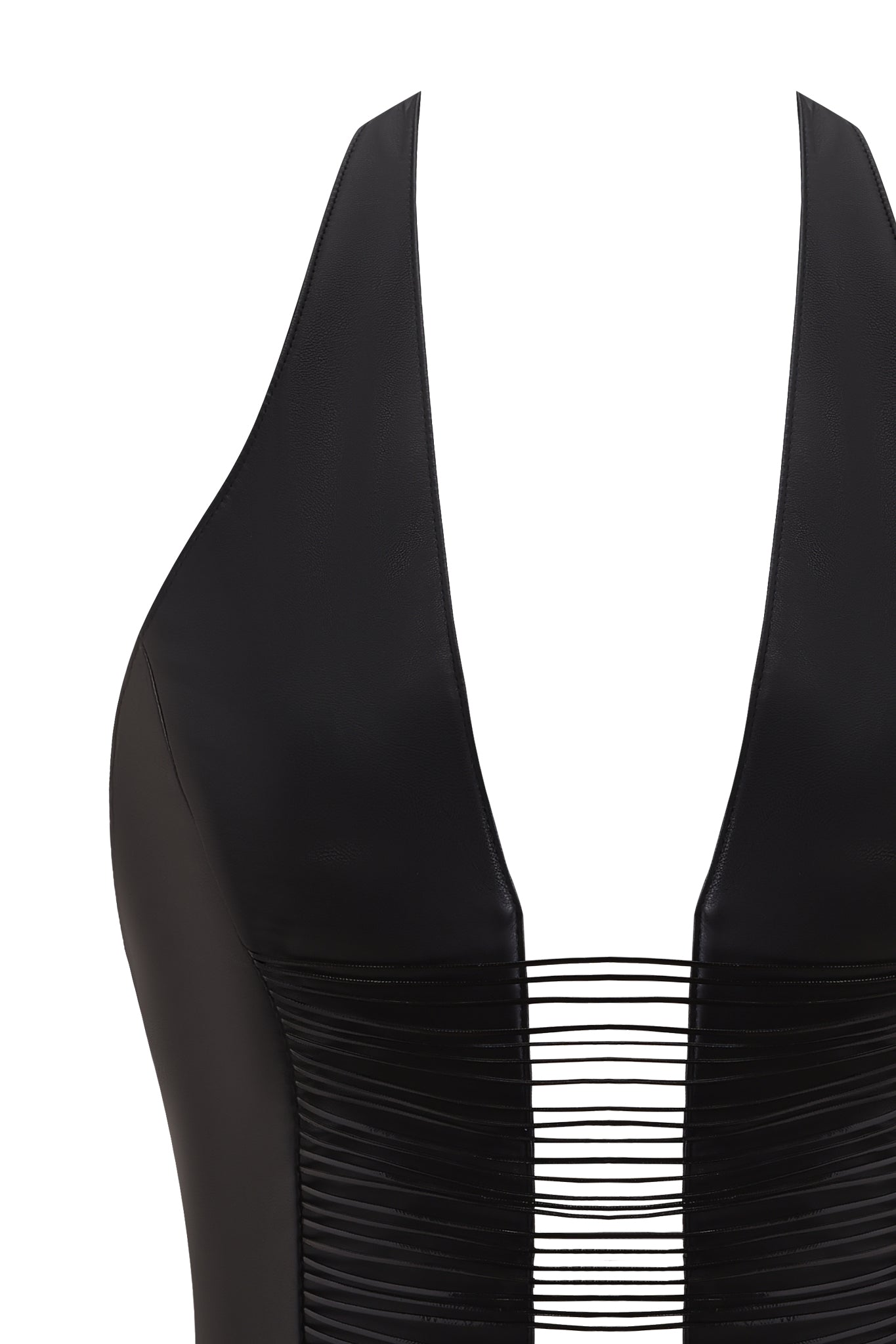 Close-up of the I.AM.GIA ALTAIR TOP in black, featuring a deep V-neck, waxed cord strap details across the chest, and a bodycon fit for a modern, chic look. Set against a white background.