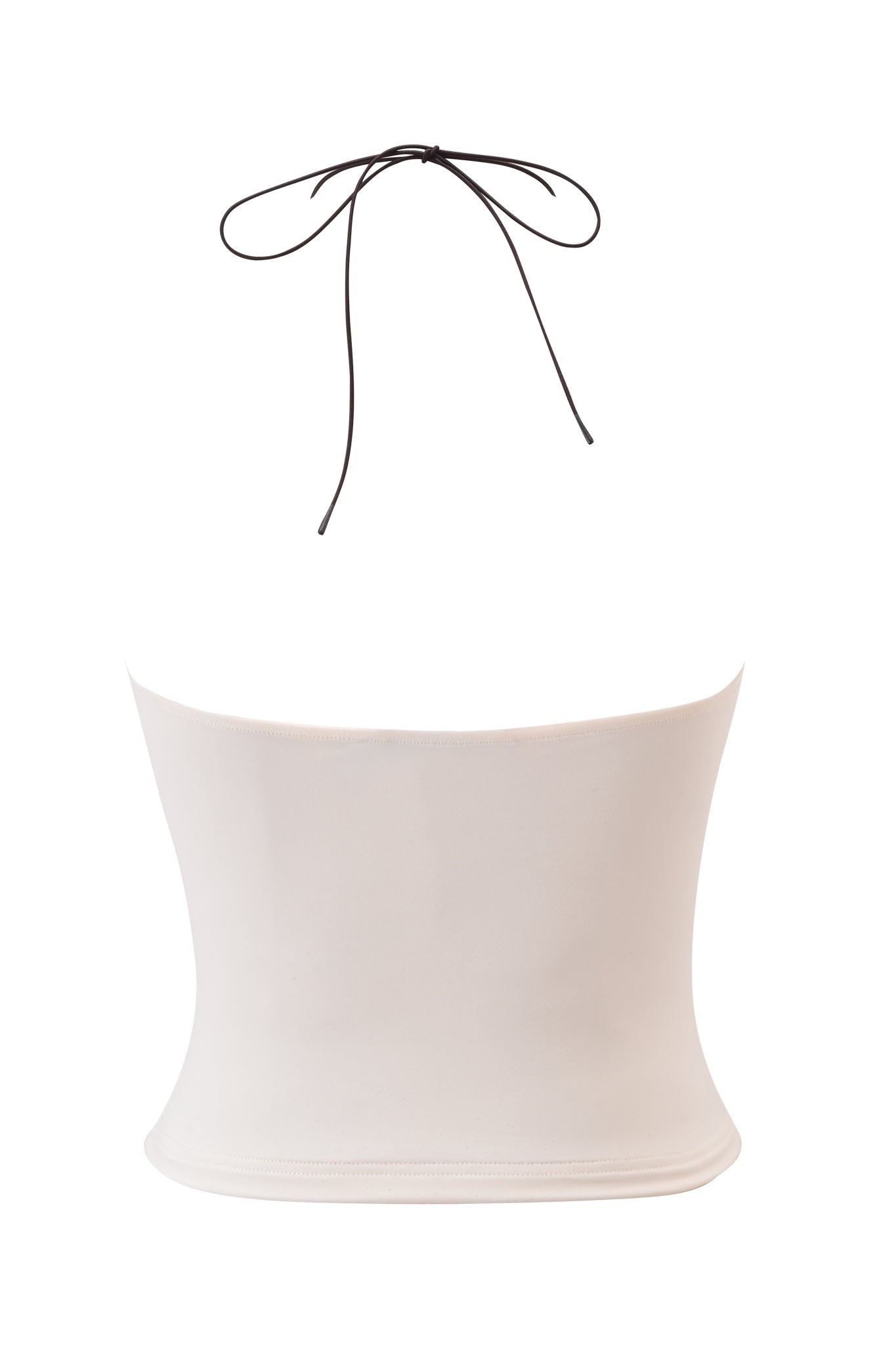 The FENNICK TOP - OFF WHITE by I.AM.GIA is a strapless, bodycon top featuring a thin black halter string tied in a bow at the neck, showcased against a plain white background.