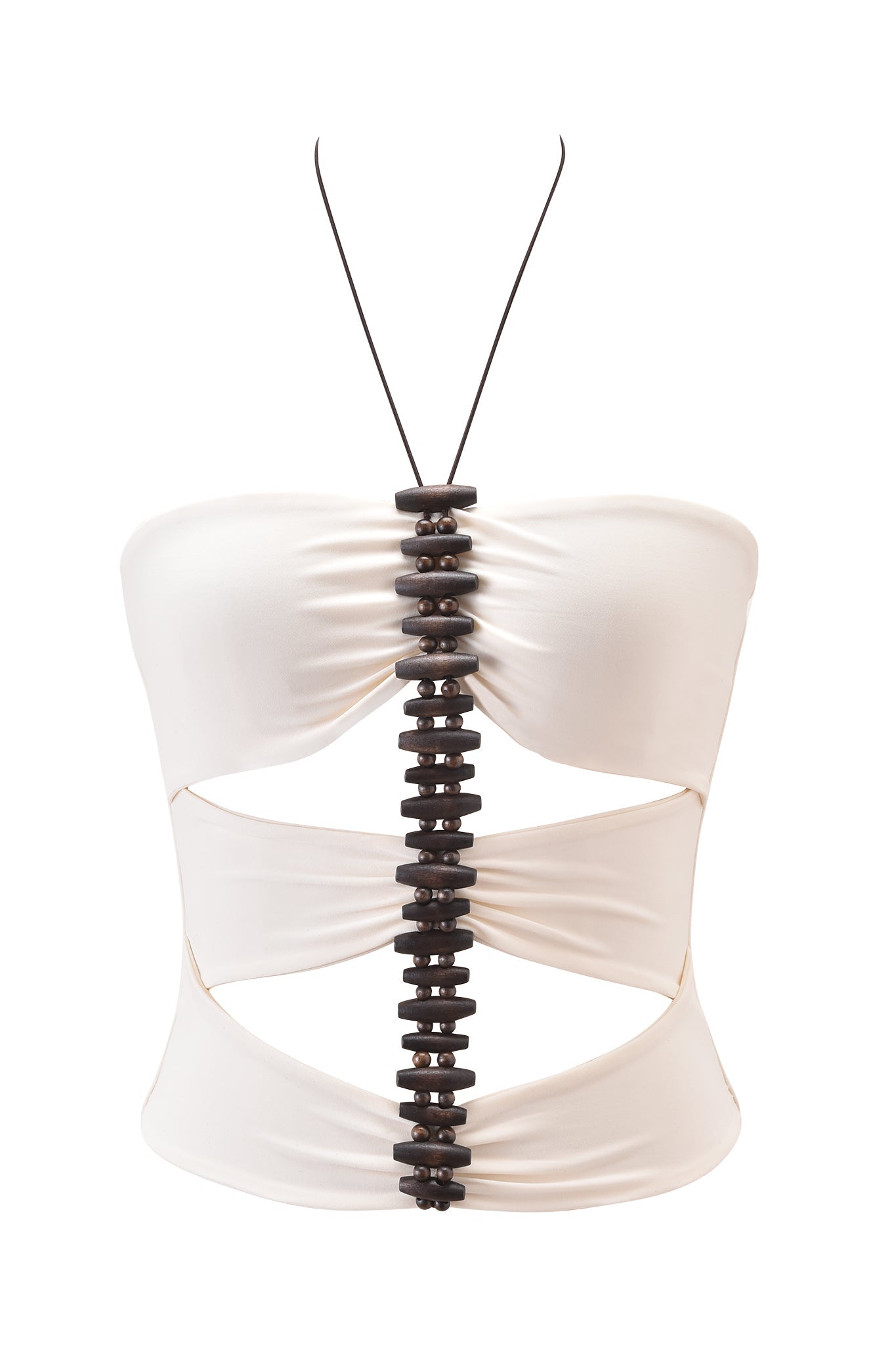 The FENNICK TOP - OFF WHITE by I.AM.GIA is a strapless bodycon with off-white cut-outs, featuring a central row of dark wooden beads linked by thin black cord that forms halter straps.