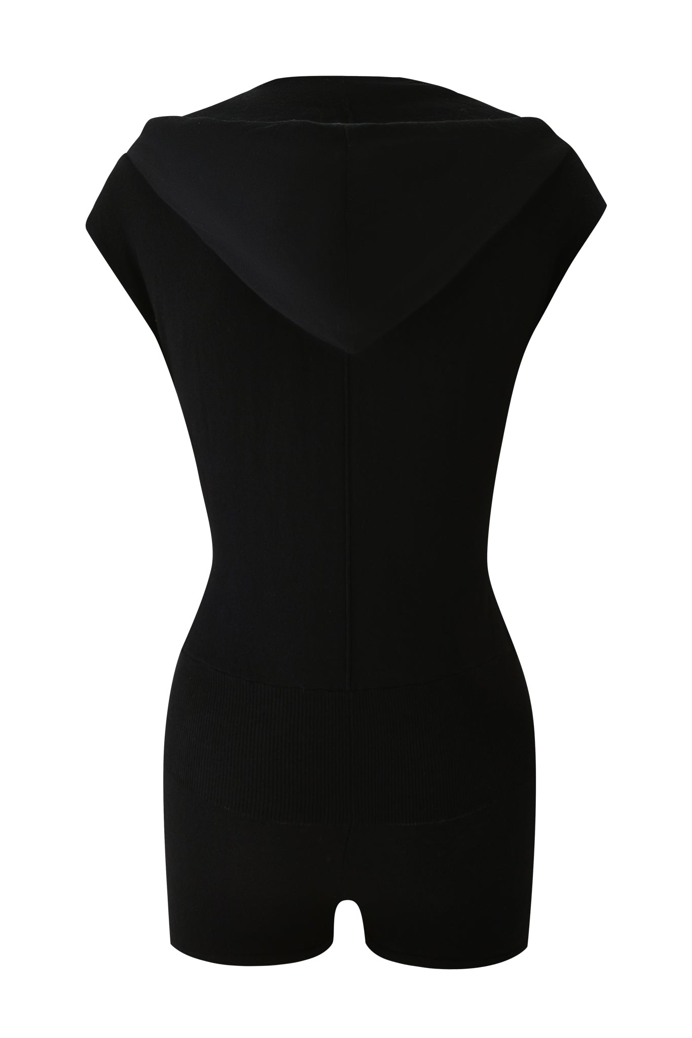 The NIMA PLAYSUIT - BLACK by I.AM.GIA is a black sleeveless hooded playsuit with a fitted silhouette, micro mini length shorts, shown from the back.