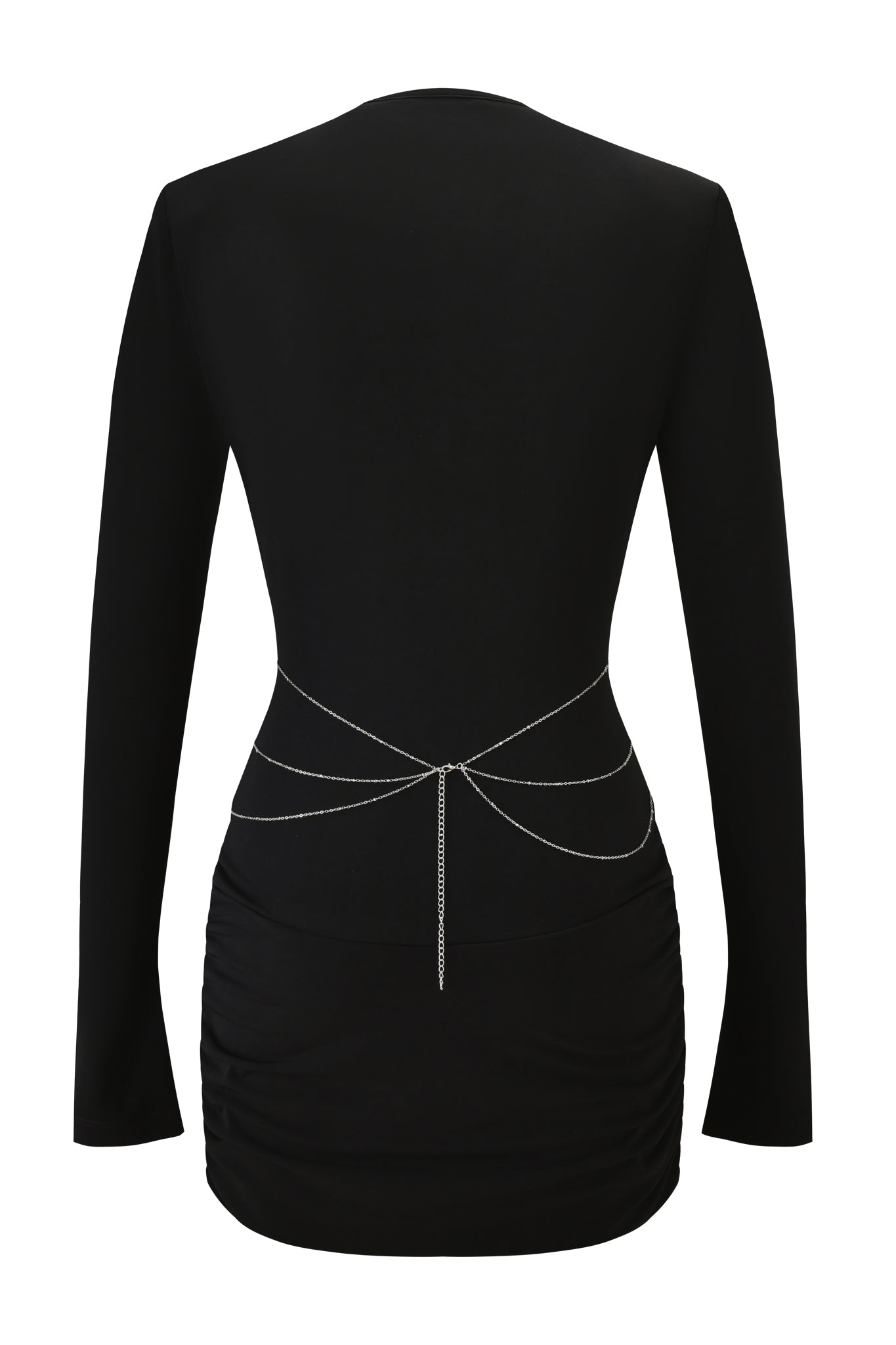 Back view of the I.AM.GIA PADMA MINI DRESS in black, a bodycon long sleeve mini with subtle ruching on the skirt and a detachable body chain elegantly draped across the lower back.