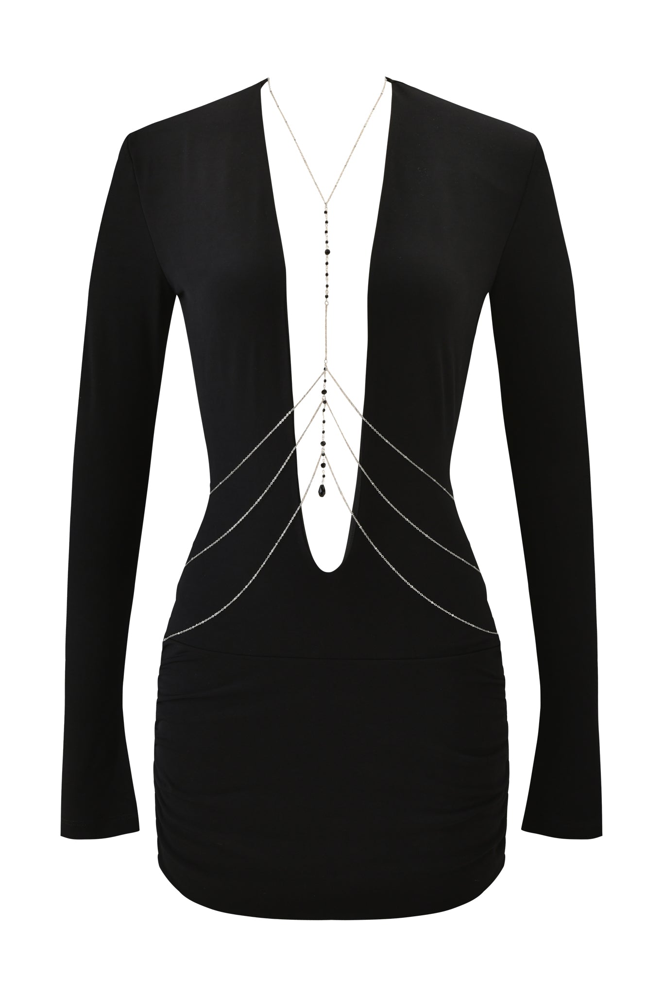 The PADMA MINI DRESS - BLACK by I.AM.GIA is a black long sleeve mini dress with a deep plunging neckline, detachable body chain, bodycon fit, and ruched skirt for a sultry, fitted silhouette.
