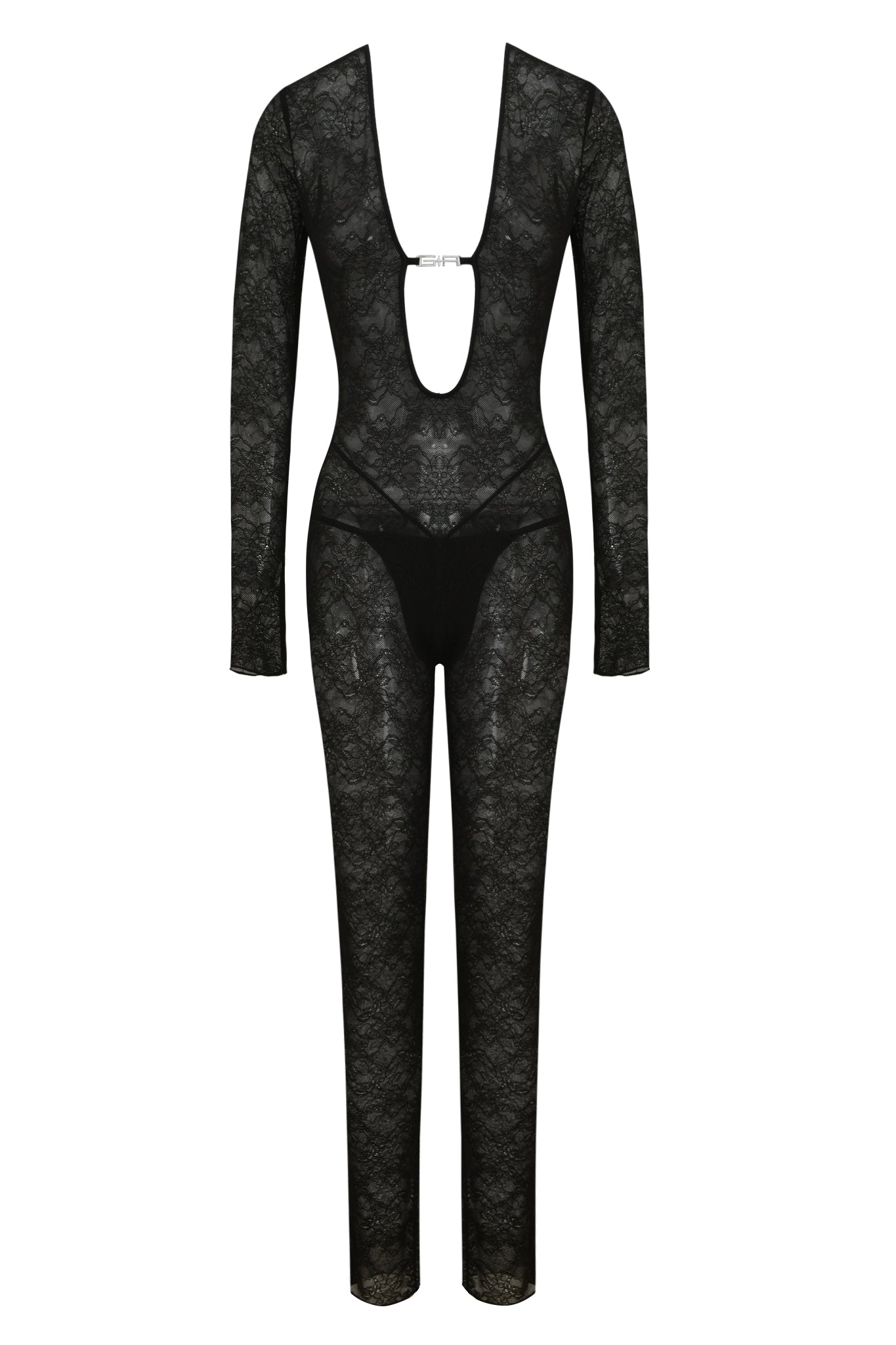 The I.AM.GIA TIGRA CATSUIT - BLACK is a sheer, bodycon lace catsuit with long sleeves, a deep plunging neckline, floral detailing, high-cut leg openings, and a metal chest clasp for a daring, alluring look.