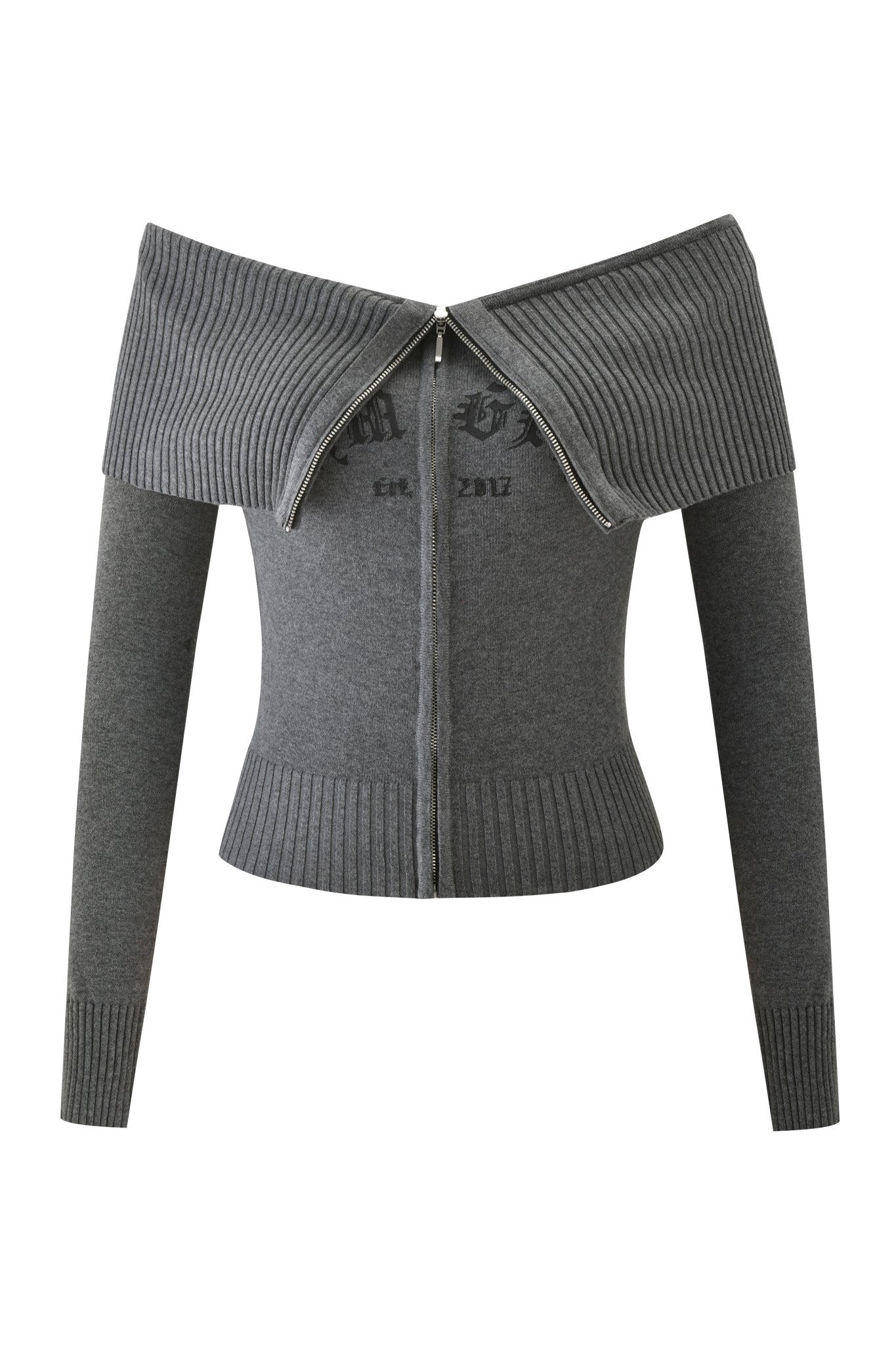 The ZION CARDIGAN - GREY by I.AM.GIA features a ribbed knit, wide collar, front zipper, long sleeves, and faint chest text for a subtle accent.