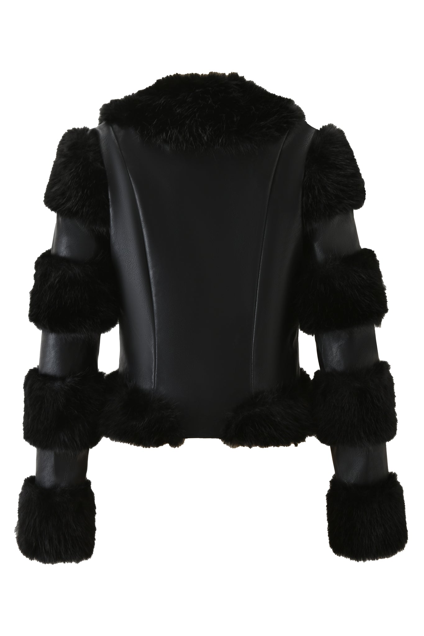 The VRAI JACKET - BLACK by I.AM.GIA is a black PU leather jacket featuring black faux fur trim on the collar, cuffs, hem, and sleeve bands, shown from the back.